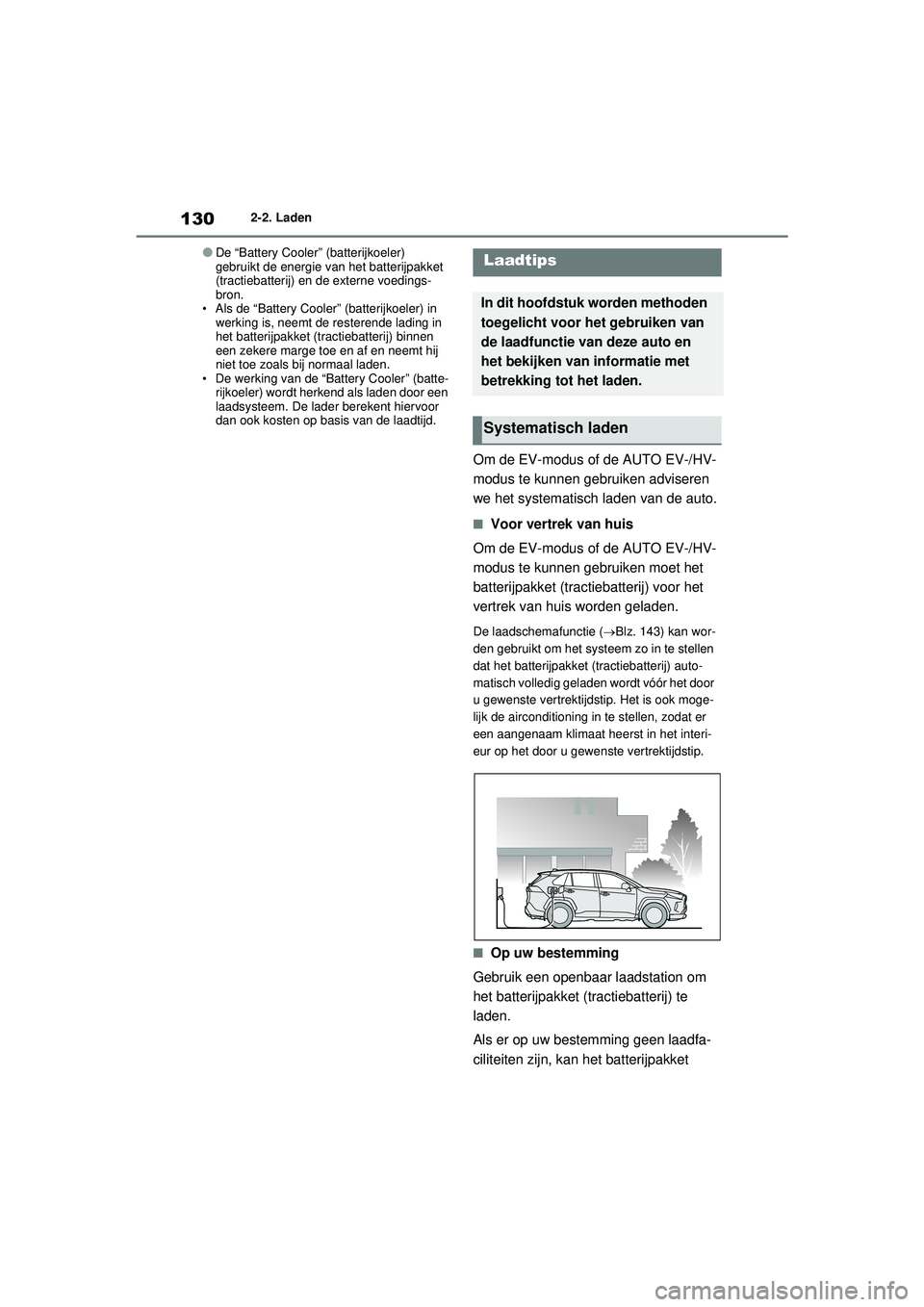 TOYOTA RAV4 PHEV 2021 Instructieboekje (in Dutch) 1302-2. Laden
●De “Battery Cooler” (batterijkoeler)
gebruikt de energie van het batterijpakket
(tractiebatterij) en de externe voedings-
bron.
• Als de “Battery Cooler” (batterijkoeler) TOYOTA RAV4 PHEV 2021 Instructieboekje (in Dutch) 1302-2. Laden
●De “Battery Cooler” (batterijkoeler)
gebruikt de energie van het batterijpakket
(tractiebatterij) en de externe voedings-
bron.
• Als de “Battery Cooler” (batterijkoeler)