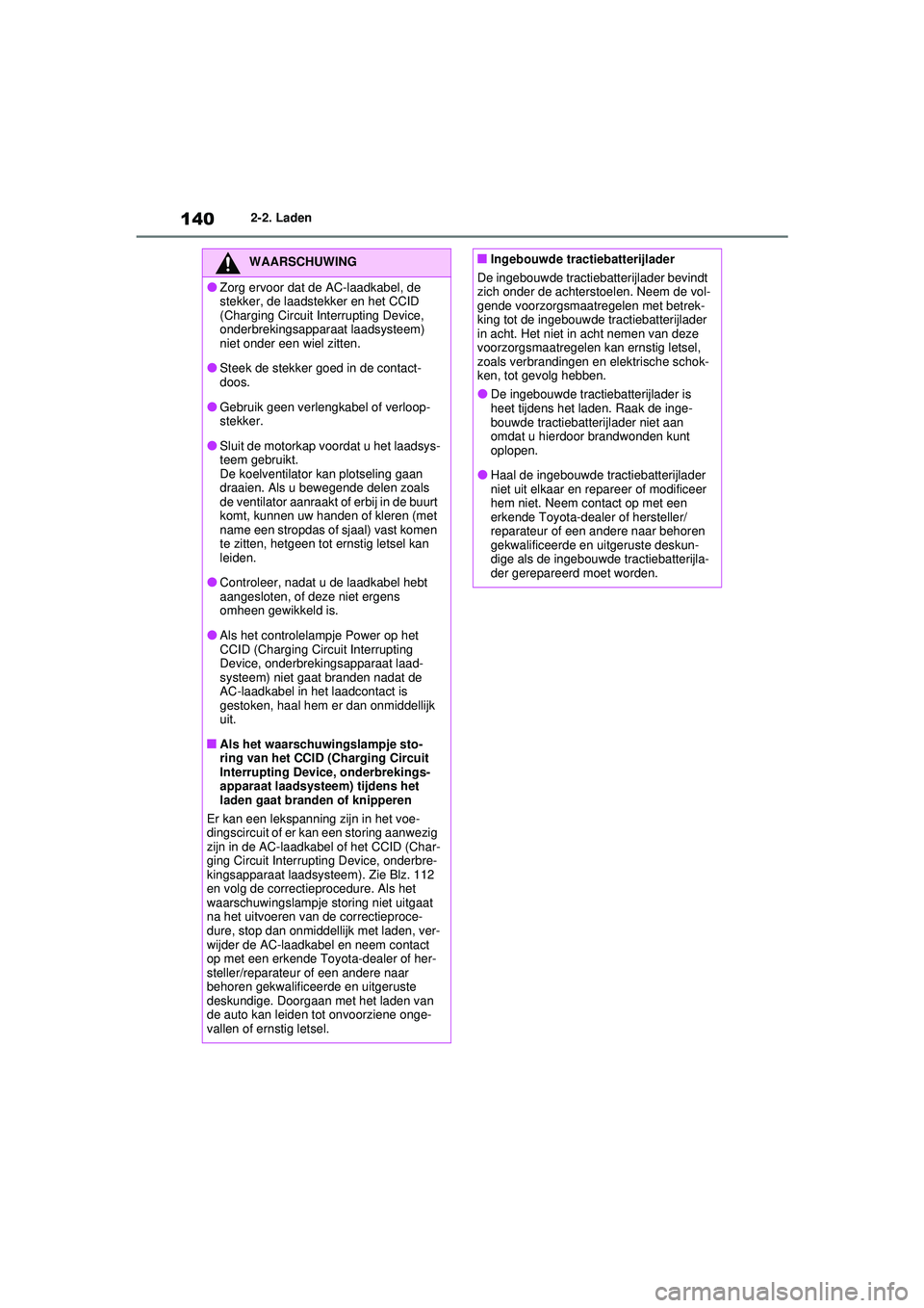 TOYOTA RAV4 PHEV 2021 Instructieboekje (in Dutch) 1402-2. Laden
WAARSCHUWING
●Zorg ervoor dat de AC-laadkabel, de
stekker, de laadstekker en het CCID
(Charging Circuit Interrupting Device,
onderbrekingsapparaat laadsysteem)
niet onder een wiel TOYOTA RAV4 PHEV 2021 Instructieboekje (in Dutch) 1402-2. Laden
WAARSCHUWING
●Zorg ervoor dat de AC-laadkabel, de
stekker, de laadstekker en het CCID
(Charging Circuit Interrupting Device,
onderbrekingsapparaat laadsysteem)
niet onder een wiel