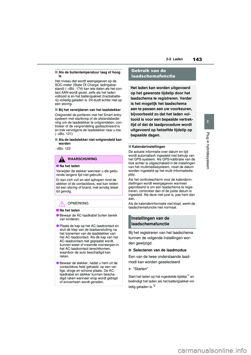 TOYOTA RAV4 PHEV 2021 Instructieboekje (in Dutch) 143
2
2-2. Laden
Plug-in hybridesysteem
■Als de buitentemperatuur laag of hoog
is
Het niveau dat wordt weergegeven op de
SOC-meter (State Of Charge, ladingstoe-
stand) ( Blz. 174) kan iets dale TOYOTA RAV4 PHEV 2021 Instructieboekje (in Dutch) 143
2
2-2. Laden
Plug-in hybridesysteem
■Als de buitentemperatuur laag of hoog
is
Het niveau dat wordt weergegeven op de
SOC-meter (State Of Charge, ladingstoe-
stand) ( Blz. 174) kan iets dale