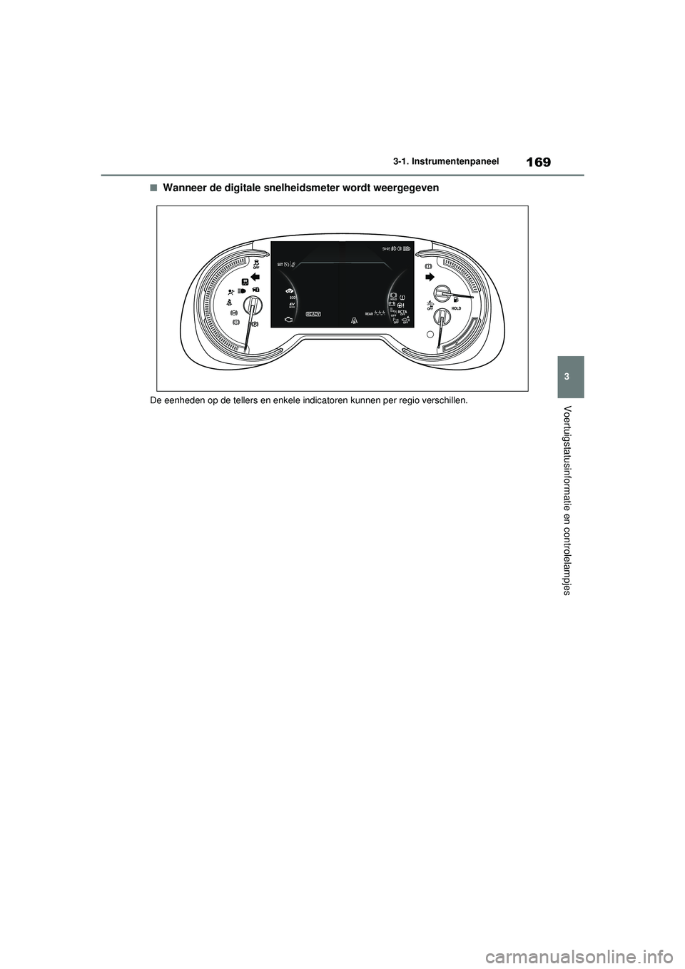 TOYOTA RAV4 PHEV 2021 Instructieboekje (in Dutch) 169
3
3-1. Instrumentenpaneel
Voertuigstatusinformatie en controlelampjes
■Wanneer de digitale snelheidsmeter wordt weergegeven
De eenheden op de tellers en enkele indica
toren kunnen per regio vers TOYOTA RAV4 PHEV 2021 Instructieboekje (in Dutch) 169
3
3-1. Instrumentenpaneel
Voertuigstatusinformatie en controlelampjes
■Wanneer de digitale snelheidsmeter wordt weergegeven
De eenheden op de tellers en enkele indica
toren kunnen per regio vers