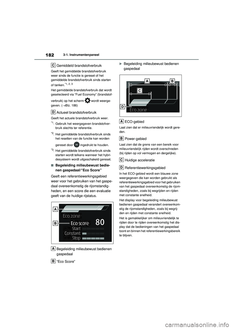 TOYOTA RAV4 PHEV 2021 Instructieboekje (in Dutch) 1823-1. Instrumentenpaneel
Gemiddeld brandstofverbruik
Geeft het gemiddelde brandstofverbruik
weer sinds de functie is gereset of het
gemiddelde brandstofverbruik sinds starten
of tanken.
*1, 2, 3
TOYOTA RAV4 PHEV 2021 Instructieboekje (in Dutch) 1823-1. Instrumentenpaneel
Gemiddeld brandstofverbruik
Geeft het gemiddelde brandstofverbruik
weer sinds de functie is gereset of het
gemiddelde brandstofverbruik sinds starten
of tanken.
*1, 2, 3