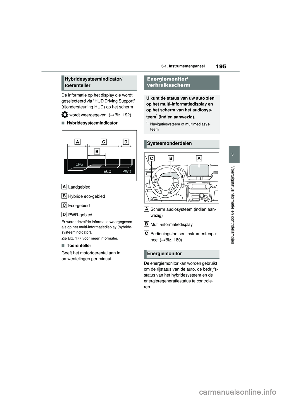 TOYOTA RAV4 PHEV 2021 Instructieboekje (in Dutch) 195
3
3-1. Instrumentenpaneel
Voertuigstatusinformatie en controlelampjes
De informatie op het display die wordt
geselecteerd via “HUD Driving Support”
(rijondersteuning HUD) op het scherm
wor TOYOTA RAV4 PHEV 2021 Instructieboekje (in Dutch) 195
3
3-1. Instrumentenpaneel
Voertuigstatusinformatie en controlelampjes
De informatie op het display die wordt
geselecteerd via “HUD Driving Support”
(rijondersteuning HUD) op het scherm
wor