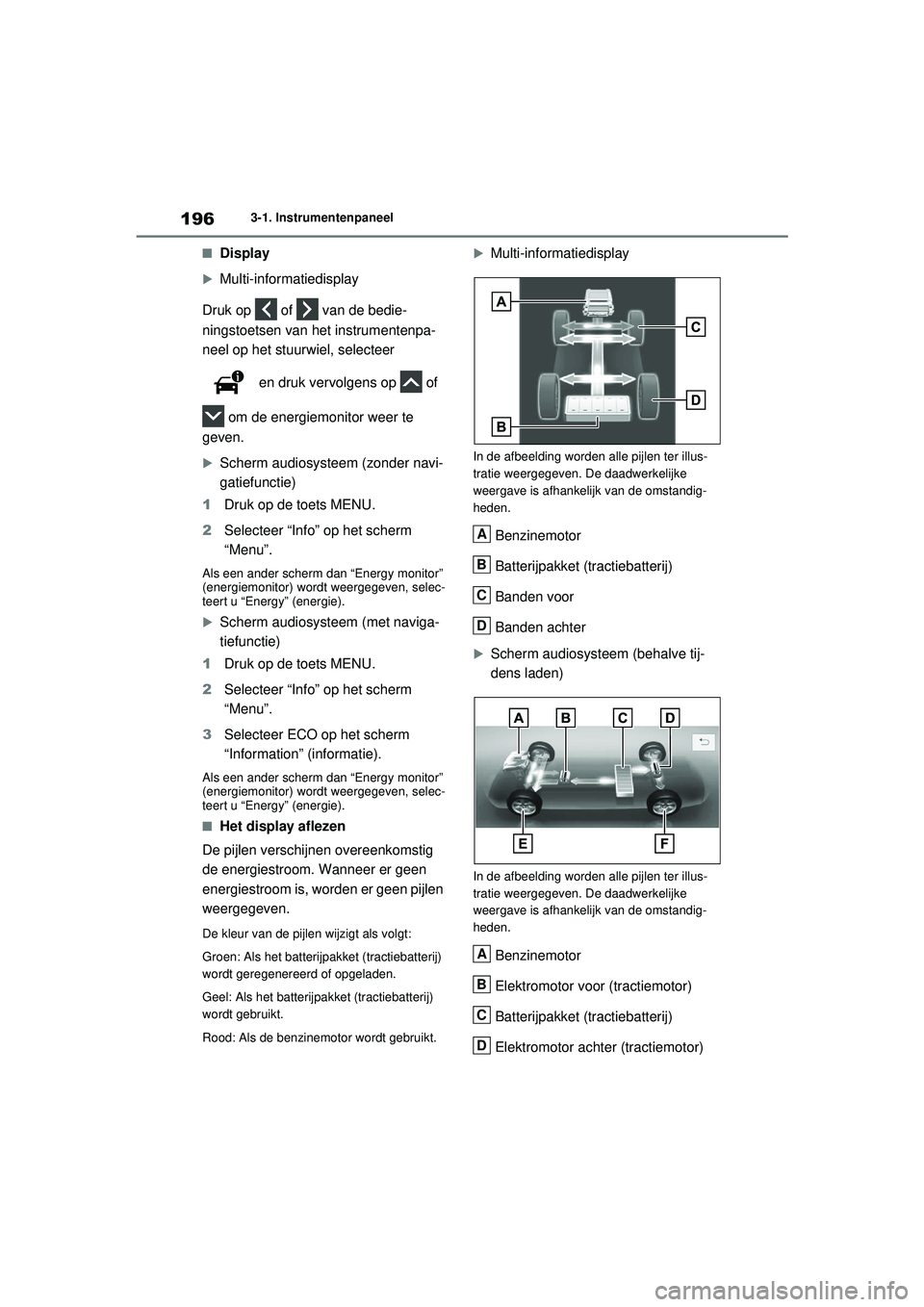 TOYOTA RAV4 PHEV 2021 Instructieboekje (in Dutch) 1963-1. Instrumentenpaneel
■Display
Multi-informatiedisplay
Druk op of van de bedie-
ningstoetsen van het instrumentenpa-
neel op het stuurwiel, selecteer
en druk vervolgens op of
om de TOYOTA RAV4 PHEV 2021 Instructieboekje (in Dutch) 1963-1. Instrumentenpaneel
■Display
Multi-informatiedisplay
Druk op of van de bedie-
ningstoetsen van het instrumentenpa-
neel op het stuurwiel, selecteer
en druk vervolgens op of
om de