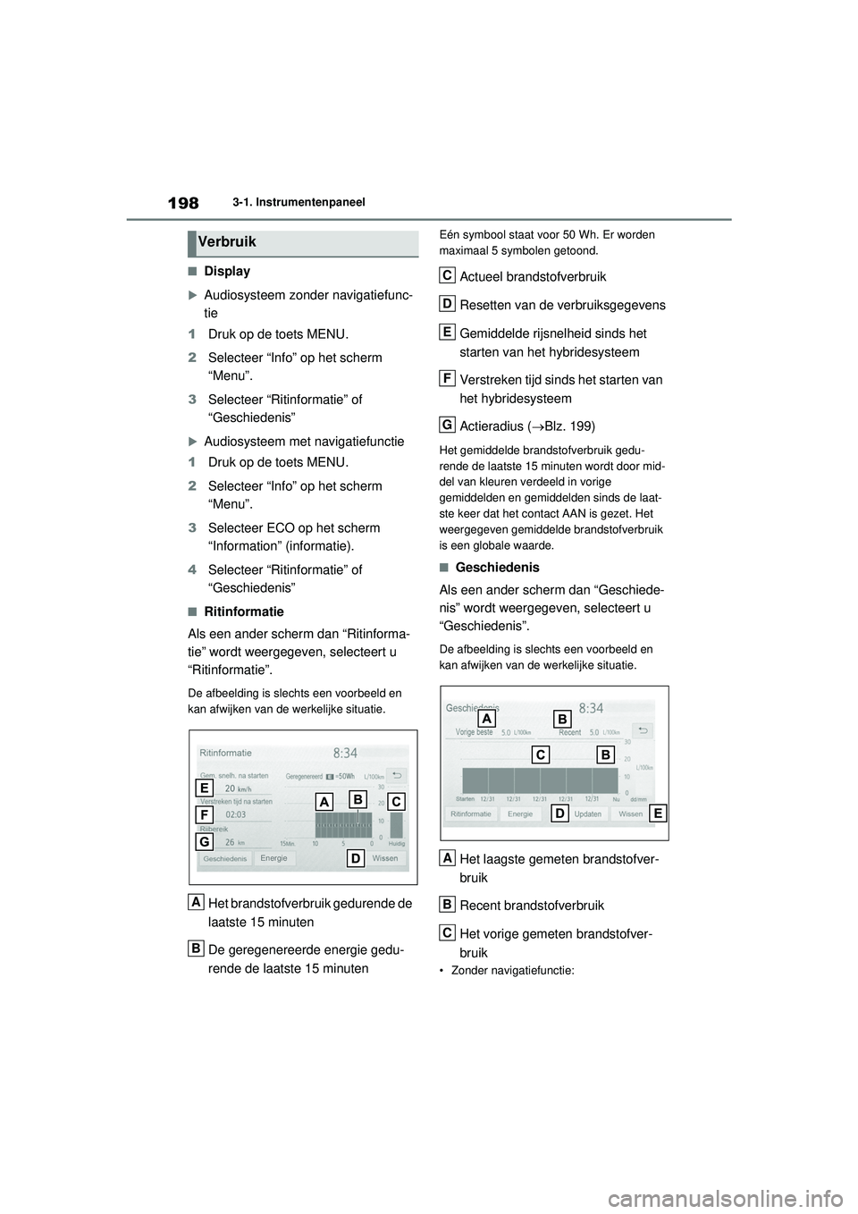 TOYOTA RAV4 PHEV 2021 Instructieboekje (in Dutch) 1983-1. Instrumentenpaneel
■Display
Audiosysteem zonder navigatiefunc-
tie
1 Druk op de toets MENU.
2 Selecteer “Info” op het scherm
“Menu”.
3 Selecteer “Ritinformatie” of
“Geschi TOYOTA RAV4 PHEV 2021 Instructieboekje (in Dutch) 1983-1. Instrumentenpaneel
■Display
Audiosysteem zonder navigatiefunc-
tie
1 Druk op de toets MENU.
2 Selecteer “Info” op het scherm
“Menu”.
3 Selecteer “Ritinformatie” of
“Geschi