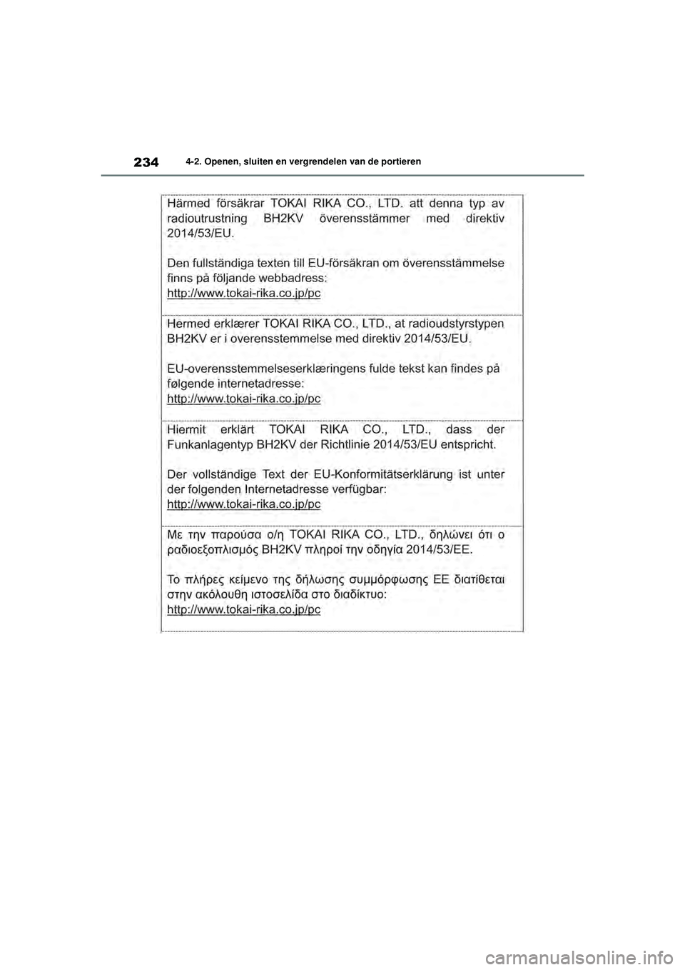 TOYOTA RAV4 PHEV 2021  Instructieboekje (in Dutch) 2344-2. Openen, sluiten en vergrendelen van de portieren
pM_RAV4-Plug-in-Hybrid_OM_OM42E06E_(EE).book  Page 234  Wednesday, February 3, 2021  2:42 PM 