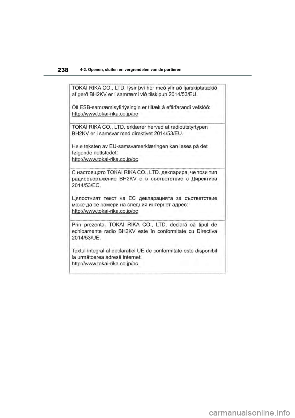TOYOTA RAV4 PHEV 2021  Instructieboekje (in Dutch) 2384-2. Openen, sluiten en vergrendelen van de portieren
pM_RAV4-Plug-in-Hybrid_OM_OM42E06E_(EE).book  Page 238  Wednesday, February 3, 2021  2:42 PM 