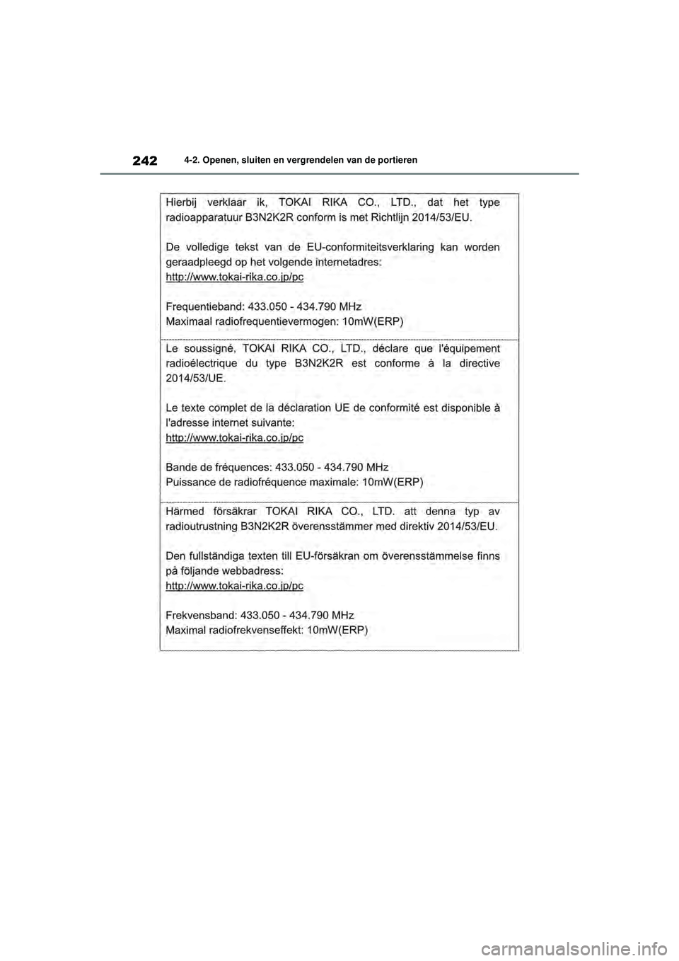 TOYOTA RAV4 PHEV 2021  Instructieboekje (in Dutch) 2424-2. Openen, sluiten en vergrendelen van de portieren
pM_RAV4-Plug-in-Hybrid_OM_OM42E06E_(EE).book  Page 242  Wednesday, February 3, 2021  2:42 PM 