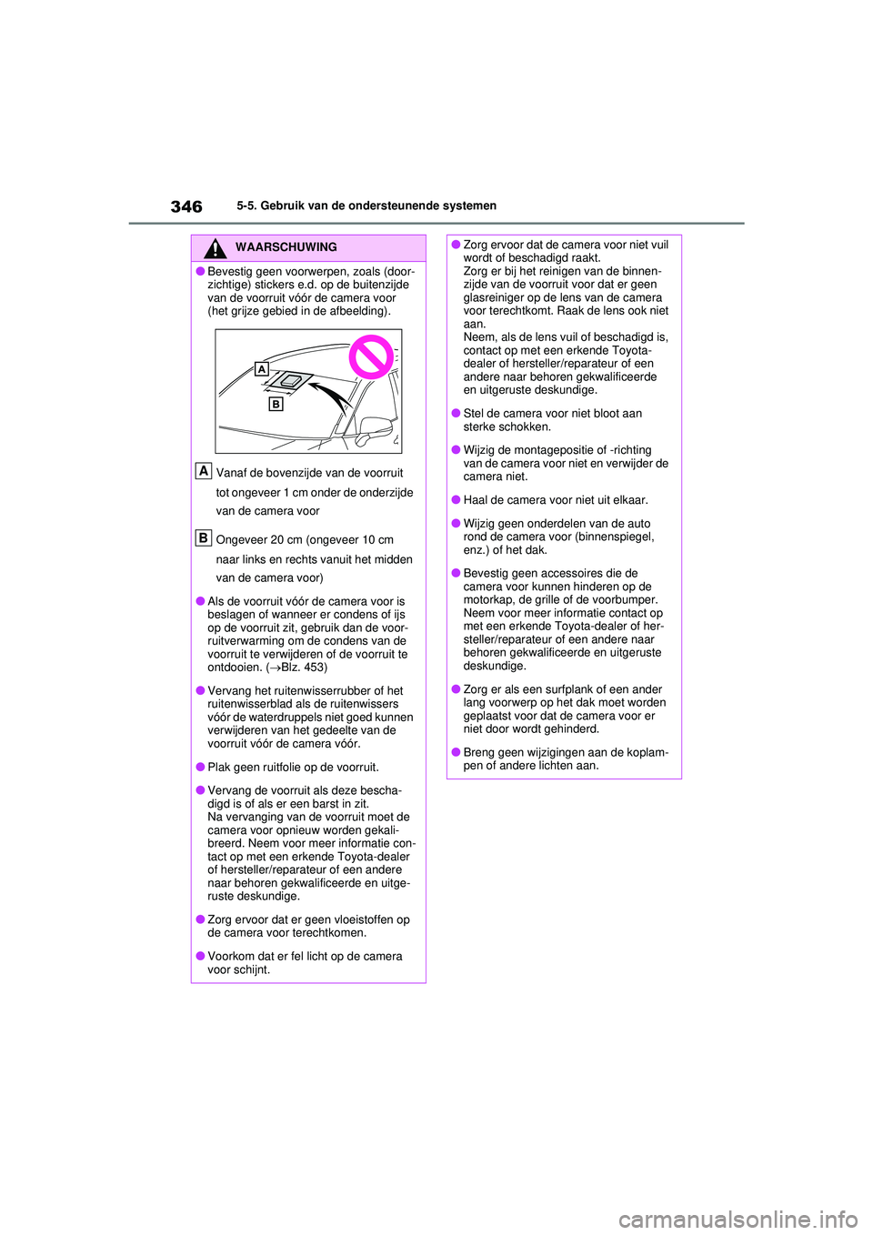 TOYOTA RAV4 PHEV 2021  Instructieboekje (in Dutch) 3465-5. Gebruik van de ondersteunende systemen
WAARSCHUWING
●Bevestig geen voorwerpen, zoals (door-
zichtige) stickers e.d. op de buitenzijde 
van de voorruit vóór de camera voor 
(het grijze gebi