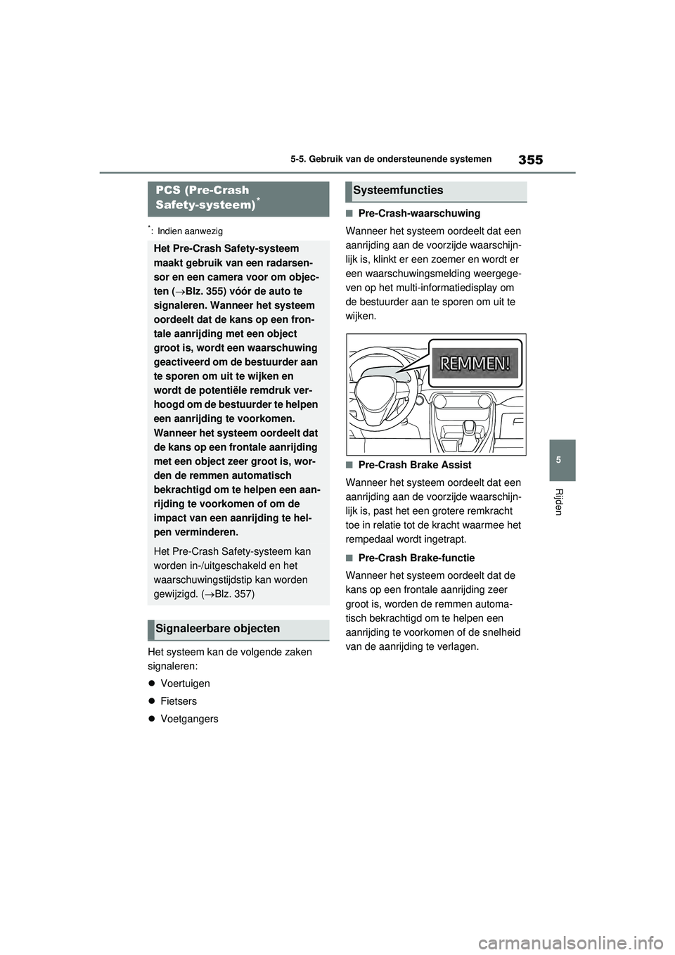 TOYOTA RAV4 PHEV 2021  Instructieboekje (in Dutch) 355
5
5-5. Gebruik van de ondersteunende systemen
Rijden
*: Indien aanwezig
Het systeem kan de volgende zaken 
signaleren:

Voertuigen
 Fietsers
 Voetgangers
■Pre-Crash-waarschuwing
Wanneer