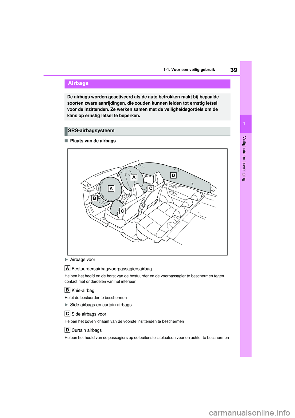 TOYOTA RAV4 PHEV 2021 Instructieboekje (in Dutch) 39
1
1-1. Voor een veilig gebruik
Veiligheid en beveiliging
■Plaats van de airbags
Airbags voor
Bestuurdersairbag/voorpassagiersairbag
Helpen het hoofd en de borst van de bestuurder en de voorpas TOYOTA RAV4 PHEV 2021 Instructieboekje (in Dutch) 39
1
1-1. Voor een veilig gebruik
Veiligheid en beveiliging
■Plaats van de airbags
Airbags voor
Bestuurdersairbag/voorpassagiersairbag
Helpen het hoofd en de borst van de bestuurder en de voorpas