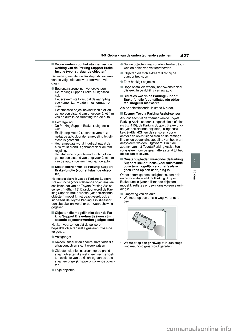 TOYOTA RAV4 PHEV 2021 Instructieboekje (in Dutch) 427
5
5-5. Gebruik van de ondersteunende systemen
Rijden
■Voorwaarden voor het stoppen van de
werking van de Parking Support Brake-
functie (voor stilstaande objecten)
De werking van de functie sto TOYOTA RAV4 PHEV 2021 Instructieboekje (in Dutch) 427
5
5-5. Gebruik van de ondersteunende systemen
Rijden
■Voorwaarden voor het stoppen van de
werking van de Parking Support Brake-
functie (voor stilstaande objecten)
De werking van de functie sto