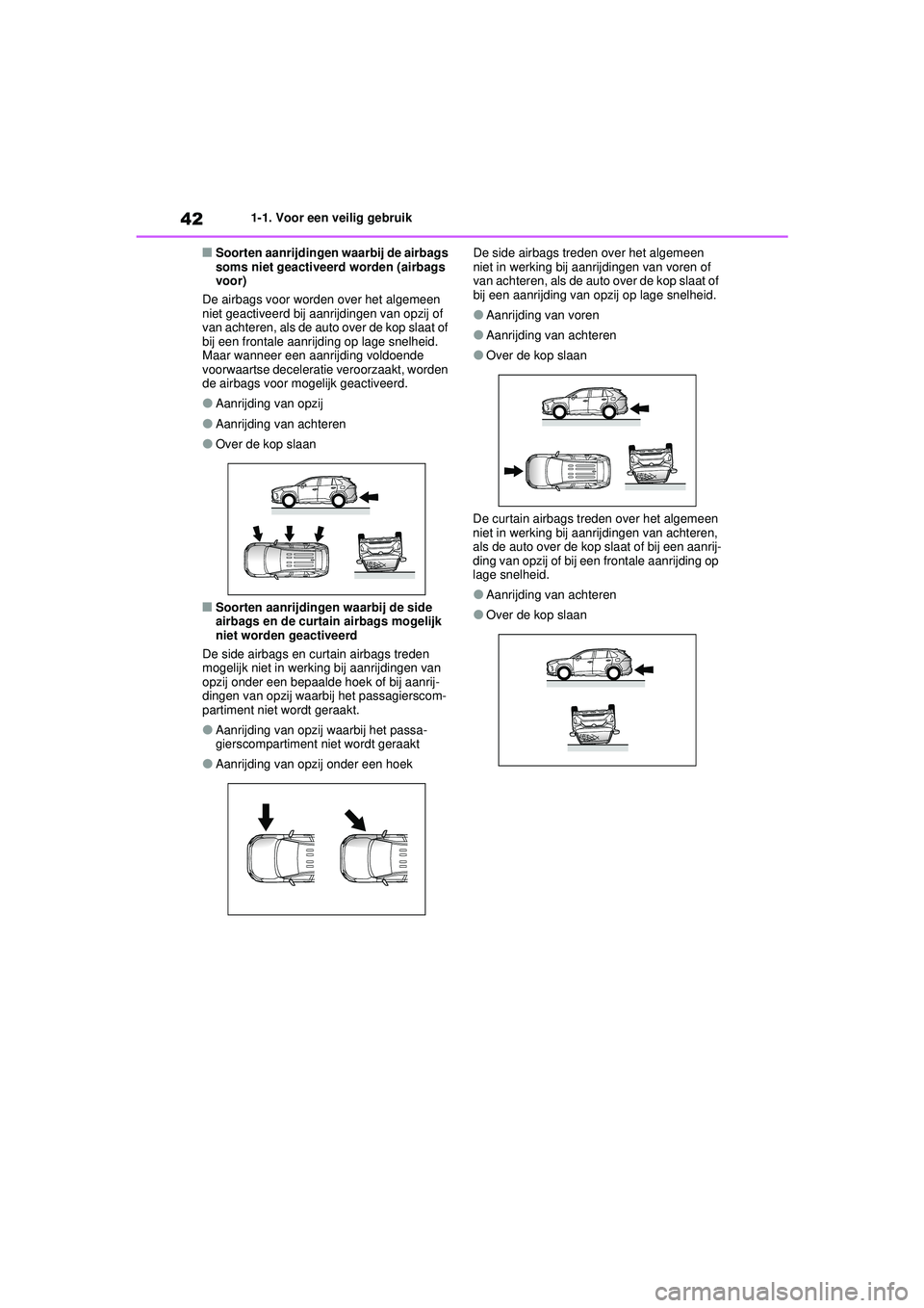 TOYOTA RAV4 PHEV 2021 Instructieboekje (in Dutch) 421-1. Voor een veilig gebruik
■Soorten aanrijdingen waarbij de airbags
soms niet geactiveerd worden (airbags
voor)
De airbags voor worden over het algemeen
niet geactiveerd bij aanrijdingen van TOYOTA RAV4 PHEV 2021 Instructieboekje (in Dutch) 421-1. Voor een veilig gebruik
■Soorten aanrijdingen waarbij de airbags
soms niet geactiveerd worden (airbags
voor)
De airbags voor worden over het algemeen
niet geactiveerd bij aanrijdingen van