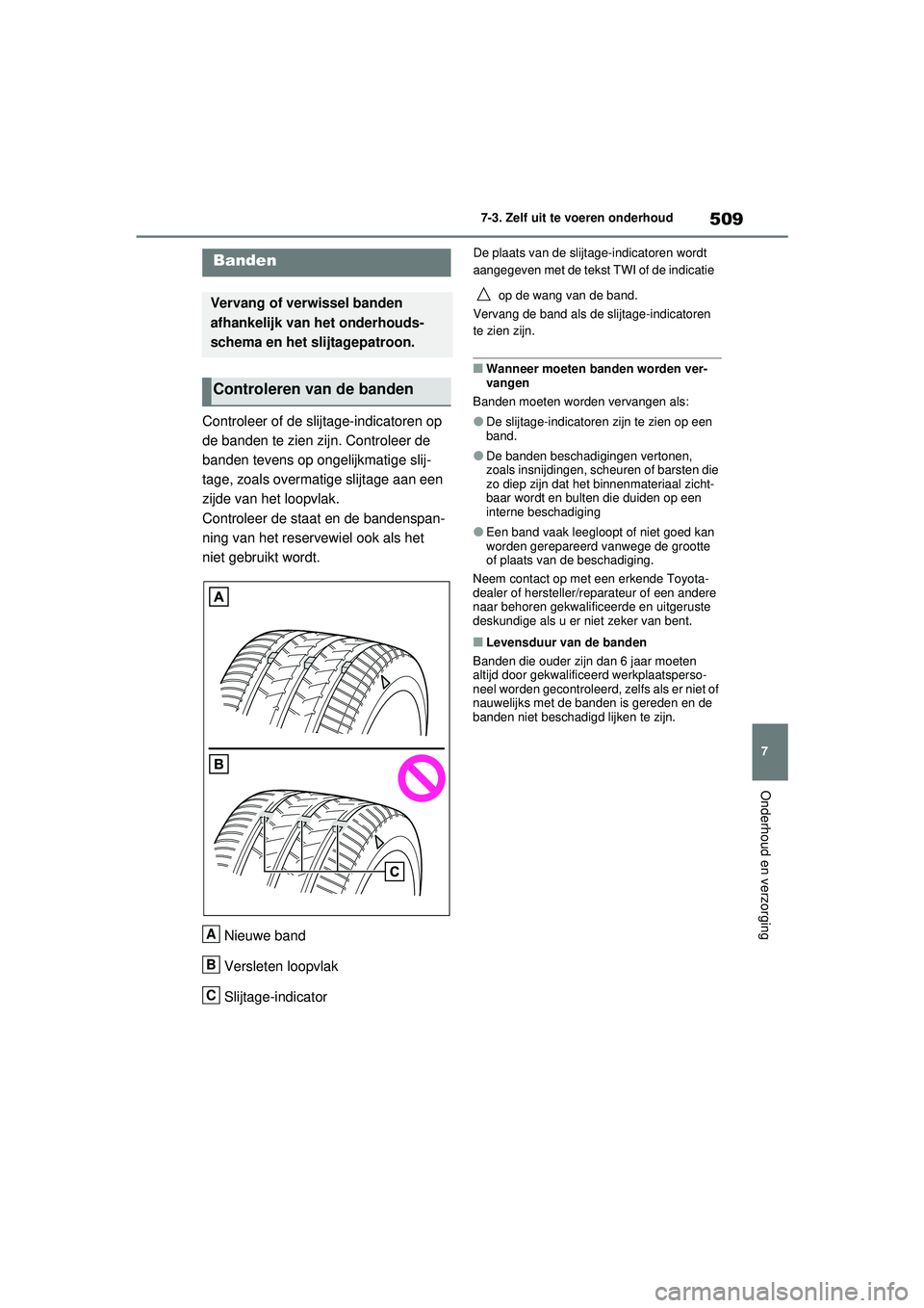 TOYOTA RAV4 PHEV 2021 Instructieboekje (in Dutch) 509
7
7-3. Zelf uit te voeren onderhoud
Onderhoud en verzorging
Controleer of de slijtage-indicatoren op
de banden te zien zijn. Controleer de
banden tevens op ongelijkmatige slij-
tage, zoals overm TOYOTA RAV4 PHEV 2021 Instructieboekje (in Dutch) 509
7
7-3. Zelf uit te voeren onderhoud
Onderhoud en verzorging
Controleer of de slijtage-indicatoren op
de banden te zien zijn. Controleer de
banden tevens op ongelijkmatige slij-
tage, zoals overm