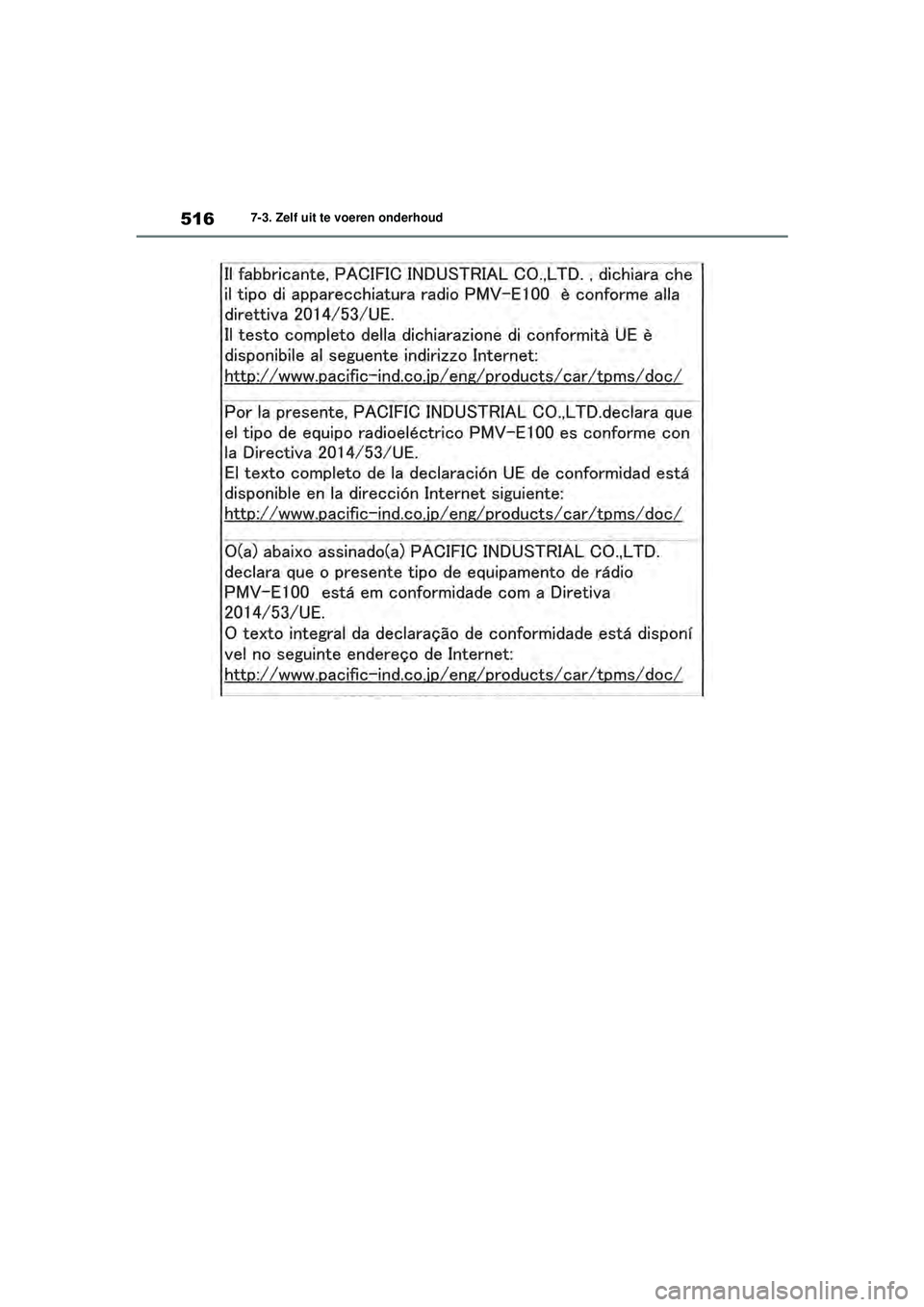 TOYOTA RAV4 PHEV 2021 Instructieboekje (in Dutch) 5167-3. Zelf uit te voeren onderhoud
pM_RAV4-Plug-in-Hybrid_OM_OM42E06E_(EE).book Page 516 Wednesday, February 3, 2021 2:42 PM TOYOTA RAV4 PHEV 2021 Instructieboekje (in Dutch) 5167-3. Zelf uit te voeren onderhoud
pM_RAV4-Plug-in-Hybrid_OM_OM42E06E_(EE).book Page 516 Wednesday, February 3, 2021 2:42 PM