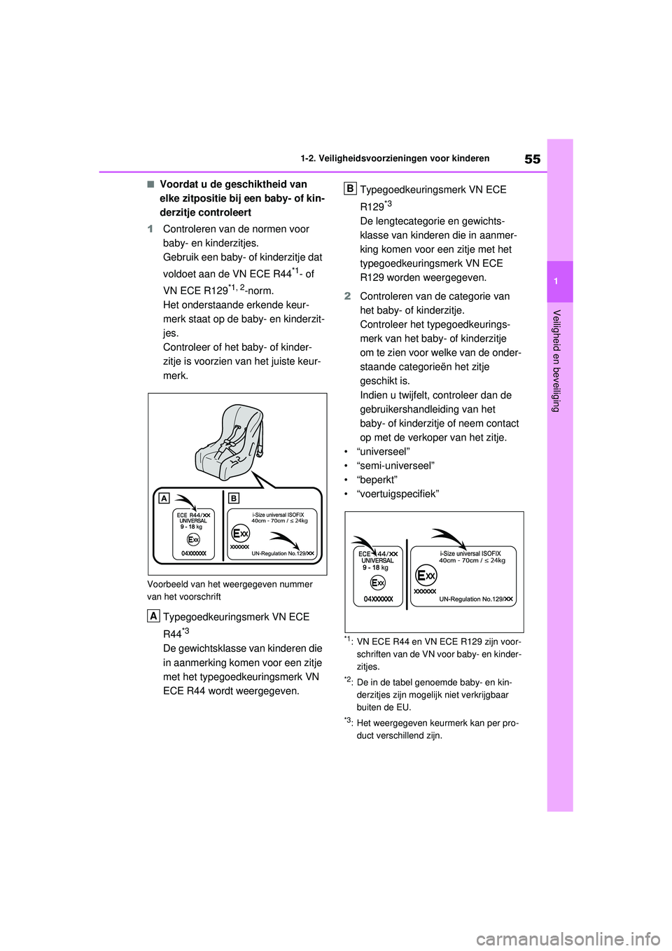 TOYOTA RAV4 PHEV 2021 Instructieboekje (in Dutch) 55
1
1-2. Veiligheidsvoorzieningen voor kinderen
Veiligheid en beveiliging
■Voordat u de geschiktheid van
elke zitpositie bij een baby- of kin-
derzitje controleert
1 Controleren van de normen voor TOYOTA RAV4 PHEV 2021 Instructieboekje (in Dutch) 55
1
1-2. Veiligheidsvoorzieningen voor kinderen
Veiligheid en beveiliging
■Voordat u de geschiktheid van
elke zitpositie bij een baby- of kin-
derzitje controleert
1 Controleren van de normen voor