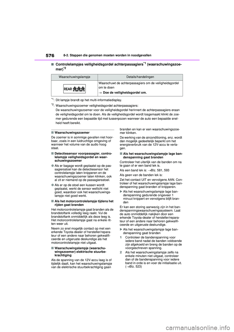 TOYOTA RAV4 PHEV 2021 Instructieboekje (in Dutch) 5768-2. Stappen die genomen moeten worden in noodgevallen
■Controlelampjes veiligheidsgordel achterpassagiers*1 (waarschuwingszoe-
mer)*2
*1: Dit lampje brandt op het multi-informatiedisplay.
*2: Wa TOYOTA RAV4 PHEV 2021 Instructieboekje (in Dutch) 5768-2. Stappen die genomen moeten worden in noodgevallen
■Controlelampjes veiligheidsgordel achterpassagiers*1 (waarschuwingszoe-
mer)*2
*1: Dit lampje brandt op het multi-informatiedisplay.
*2: Wa