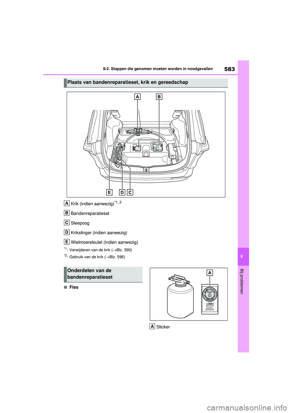 TOYOTA RAV4 PHEV 2021 Instructieboekje (in Dutch) 583
8
8-2. Stappen die genomen moeten worden in noodgevallen
Bij problemen
Krik (indien aanwezig)*1, 2
Bandenreparatieset
Sleepoog
Krikslinger (indien aanwezig)
Wielmoersleutel (indien aanwezig)
*1: V TOYOTA RAV4 PHEV 2021 Instructieboekje (in Dutch) 583
8
8-2. Stappen die genomen moeten worden in noodgevallen
Bij problemen
Krik (indien aanwezig)*1, 2
Bandenreparatieset
Sleepoog
Krikslinger (indien aanwezig)
Wielmoersleutel (indien aanwezig)
*1: V
