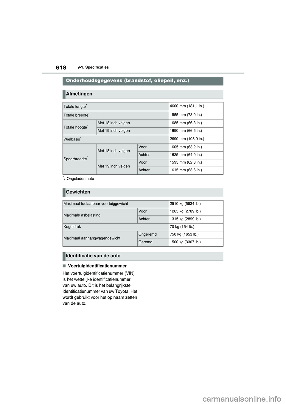 TOYOTA RAV4 PHEV 2021 Instructieboekje (in Dutch) 6189-1. Specificaties
9-1.Specificaties
*: Ongeladen auto
■Voertuigidentificatienummer
Het voertuigidentificatienummer (VIN)
is het wettelijke identificatienummer
van uw auto. Dit is het belangrij TOYOTA RAV4 PHEV 2021 Instructieboekje (in Dutch) 6189-1. Specificaties
9-1.Specificaties
*: Ongeladen auto
■Voertuigidentificatienummer
Het voertuigidentificatienummer (VIN)
is het wettelijke identificatienummer
van uw auto. Dit is het belangrij