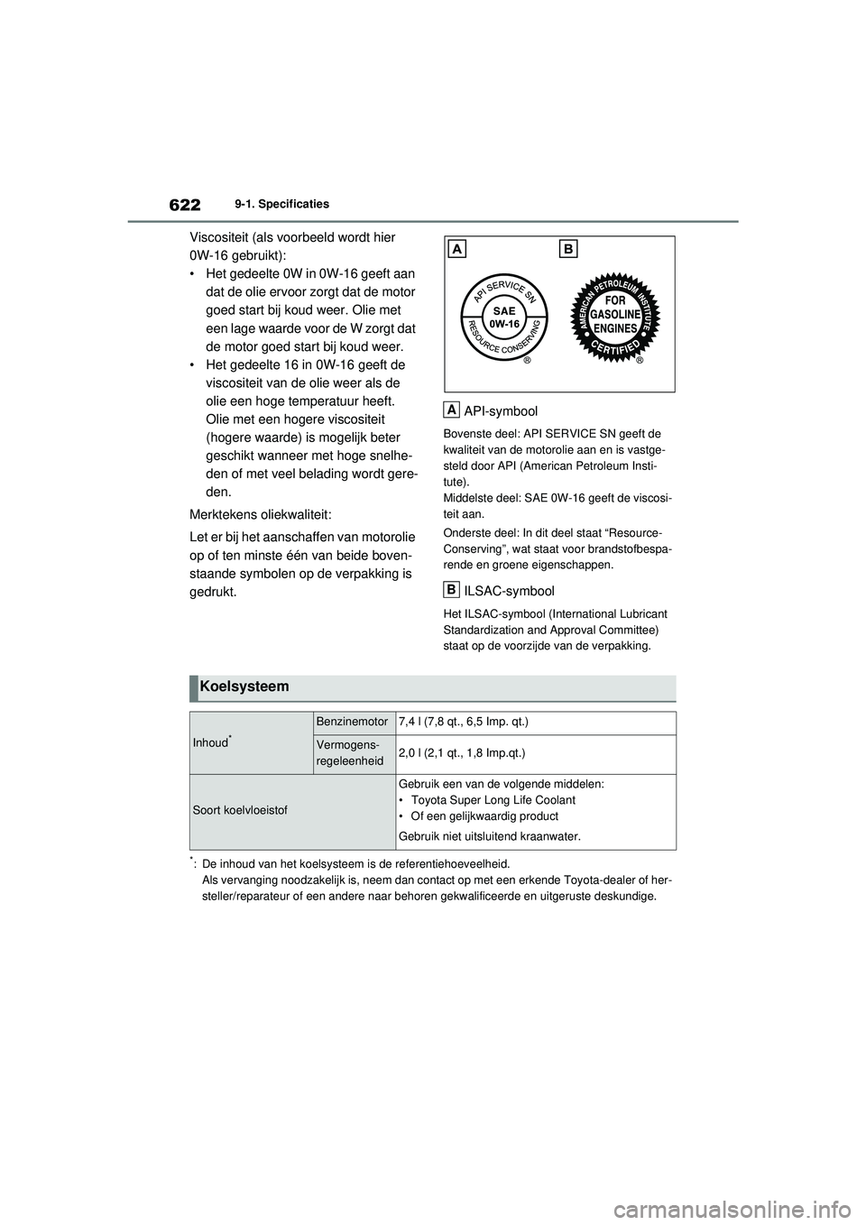 TOYOTA RAV4 PHEV 2021 Instructieboekje (in Dutch) 6229-1. Specificaties
Viscositeit (als voorbeeld wordt hier
0W-16 gebruikt):
• Het gedeelte 0W in 0W-16 geeft aan dat de olie ervoor zorgt dat de motor
goed start bij koud weer. Olie met
een lage TOYOTA RAV4 PHEV 2021 Instructieboekje (in Dutch) 6229-1. Specificaties
Viscositeit (als voorbeeld wordt hier
0W-16 gebruikt):
• Het gedeelte 0W in 0W-16 geeft aan dat de olie ervoor zorgt dat de motor
goed start bij koud weer. Olie met
een lage