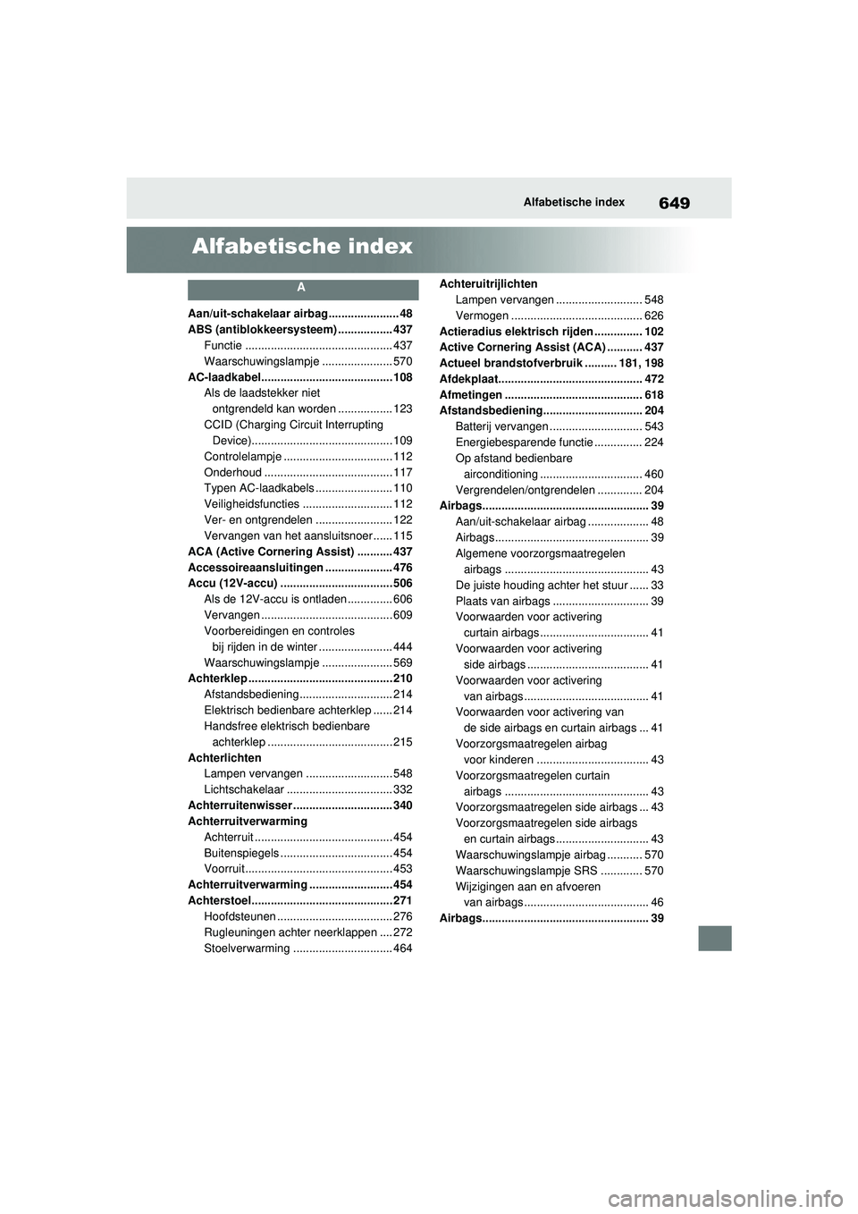 TOYOTA RAV4 PHEV 2021 Instructieboekje (in Dutch) 649Alfabetische index
Alfabetische index
A
Aan/uit-schakelaar airbag...................... 48
ABS (antiblokkeersysteem) ................. 437Functie .............................................. 437
TOYOTA RAV4 PHEV 2021 Instructieboekje (in Dutch) 649Alfabetische index
Alfabetische index
A
Aan/uit-schakelaar airbag...................... 48
ABS (antiblokkeersysteem) ................. 437Functie .............................................. 437