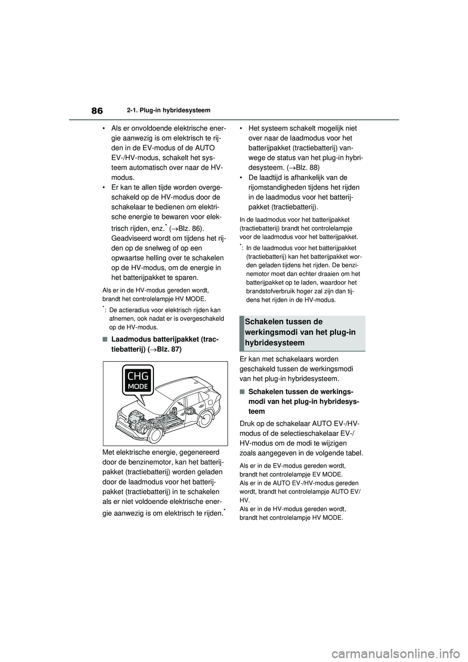 TOYOTA RAV4 PHEV 2021 Instructieboekje (in Dutch) 862-1. Plug-in hybridesysteem
• Als er onvoldoende elektrische ener-gie aanwezig is om elektrisch te rij-
den in de EV-modus of de AUTO
EV-/HV-modus, schakelt het sys-
teem automatisch over naar de TOYOTA RAV4 PHEV 2021 Instructieboekje (in Dutch) 862-1. Plug-in hybridesysteem
• Als er onvoldoende elektrische ener-gie aanwezig is om elektrisch te rij-
den in de EV-modus of de AUTO
EV-/HV-modus, schakelt het sys-
teem automatisch over naar de