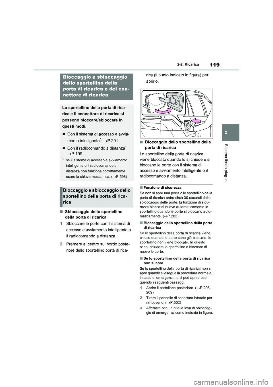 TOYOTA RAV4 PHEV 2021  Manuale duso (in Italian) 119
2 2-2. Ricarica
Sistema ibrido plug-in
�QSbloccaggio dello sportellino 
della porta di ricarica
1Sbloccare le porte con il sistema di 
accesso e avviamento intelligente o 
il radiocomando a distan