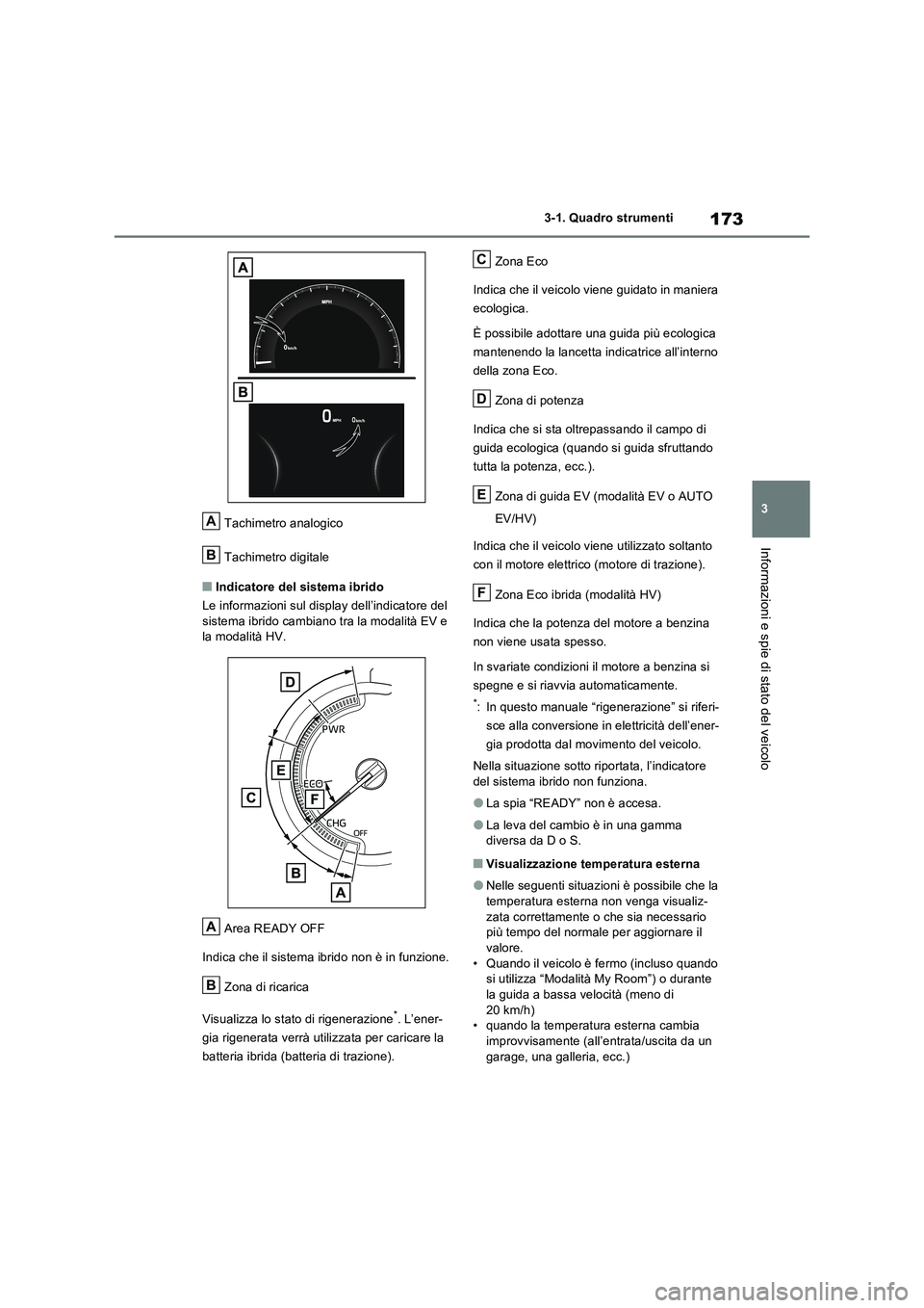 TOYOTA RAV4 PHEV 2021  Manuale duso (in Italian) 173
3 3-1. Quadro strumenti
Informazioni e spie di stato del veicolo
Tachimetro analogico
Tachimetro digitale
�QIndicatore del sistema ibrido
Le informazioni sul display dell’indicatore del 
sistema