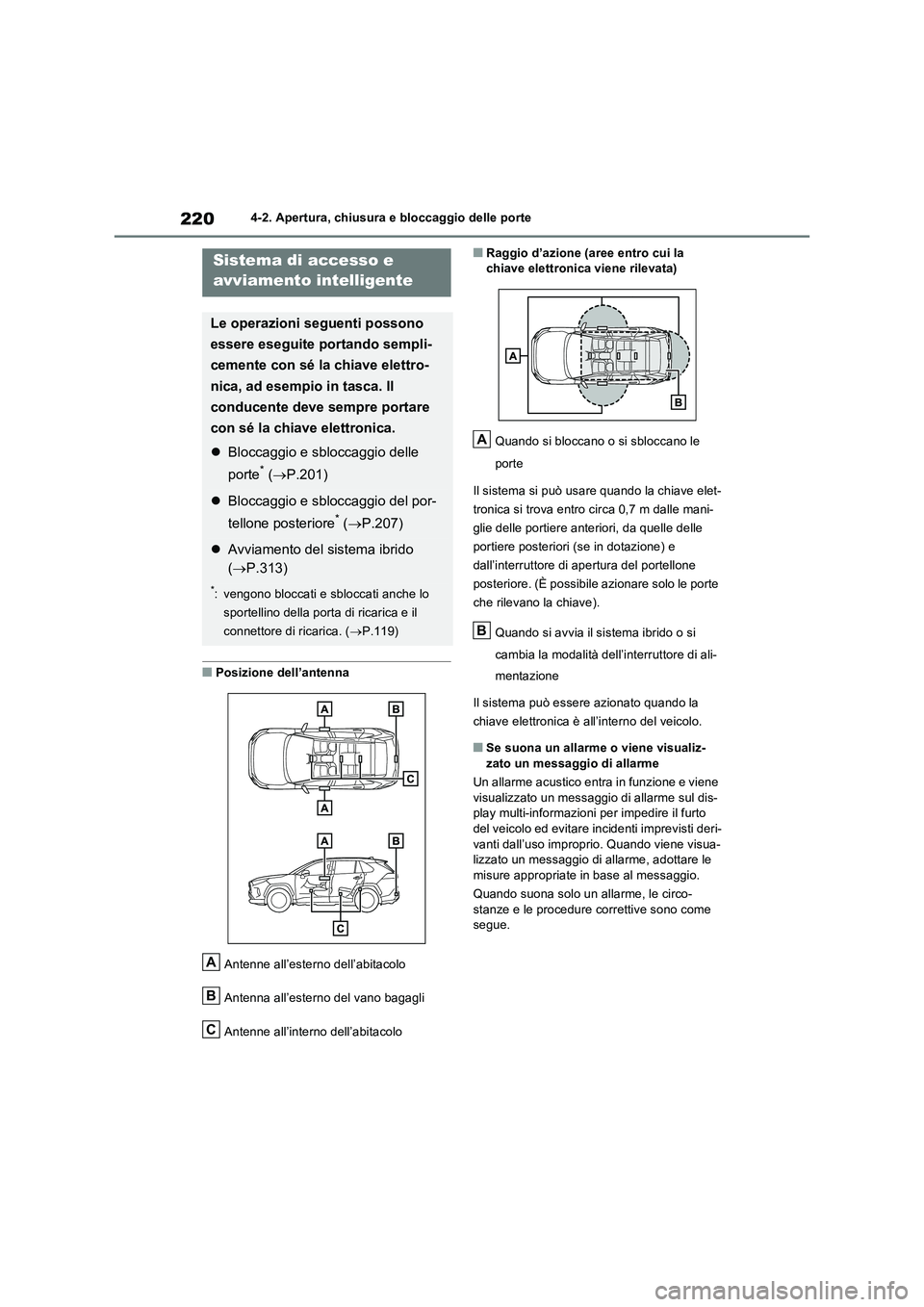 TOYOTA RAV4 PHEV 2021  Manuale duso (in Italian) 2204-2. Apertura, chiusura e bloccaggio delle porte
�QPosizione dell’antenna 
Antenne all’esterno dell’abitacolo 
Antenna all’esterno del vano bagagli
Antenne all’interno dell’abitacolo
�Q