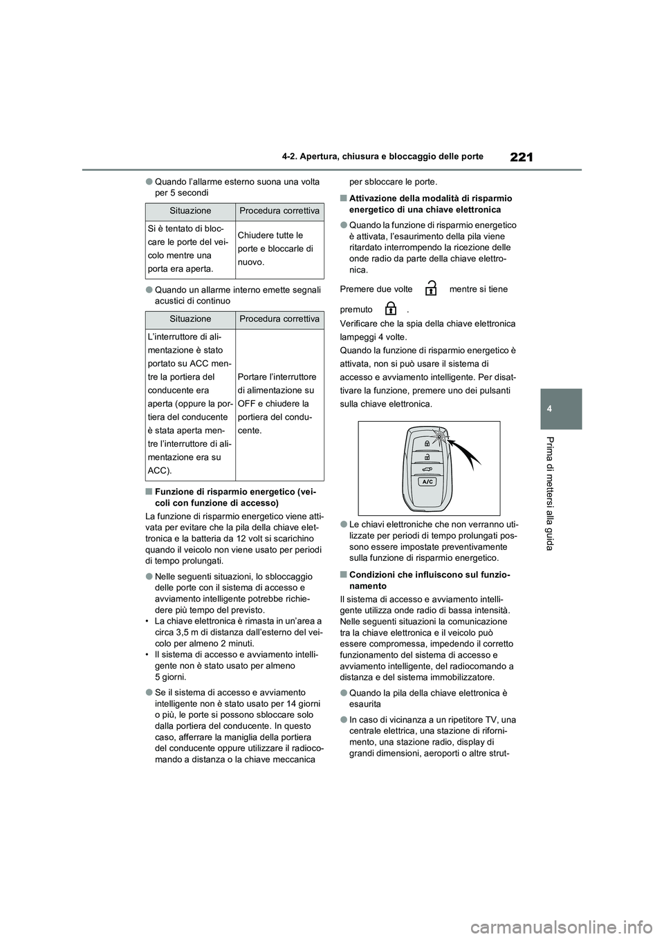 TOYOTA RAV4 PHEV 2021  Manuale duso (in Italian) 221
4 
4-2. Apertura, chiusura e bloccaggio delle porte
Prima di mettersi alla guida
�OQuando l’allarme esterno suona una volta  per 5 secondi
�OQuando un allarme interno emette segnali acustici di 