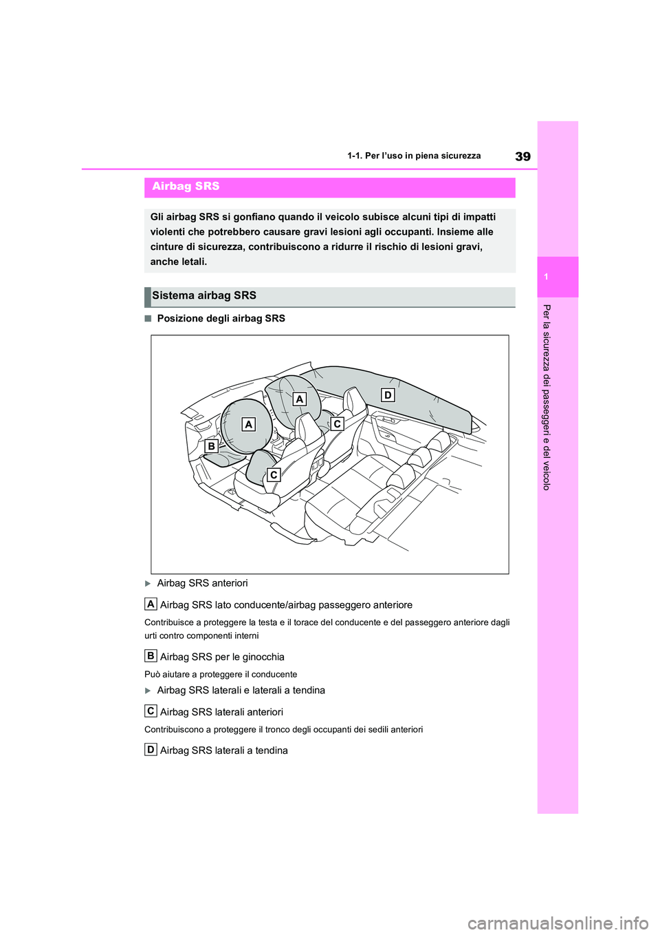 TOYOTA RAV4 PHEV 2021  Manuale duso (in Italian) 39
1 
1-1. Per l’uso in piena sicurezza
Per la sicurezza dei passeggeri e del veicolo
�QPosizione degli airbag SRS
Airbag SRS anteriori 
Airbag SRS lato conducente/airbag passeggero anteriore
Con