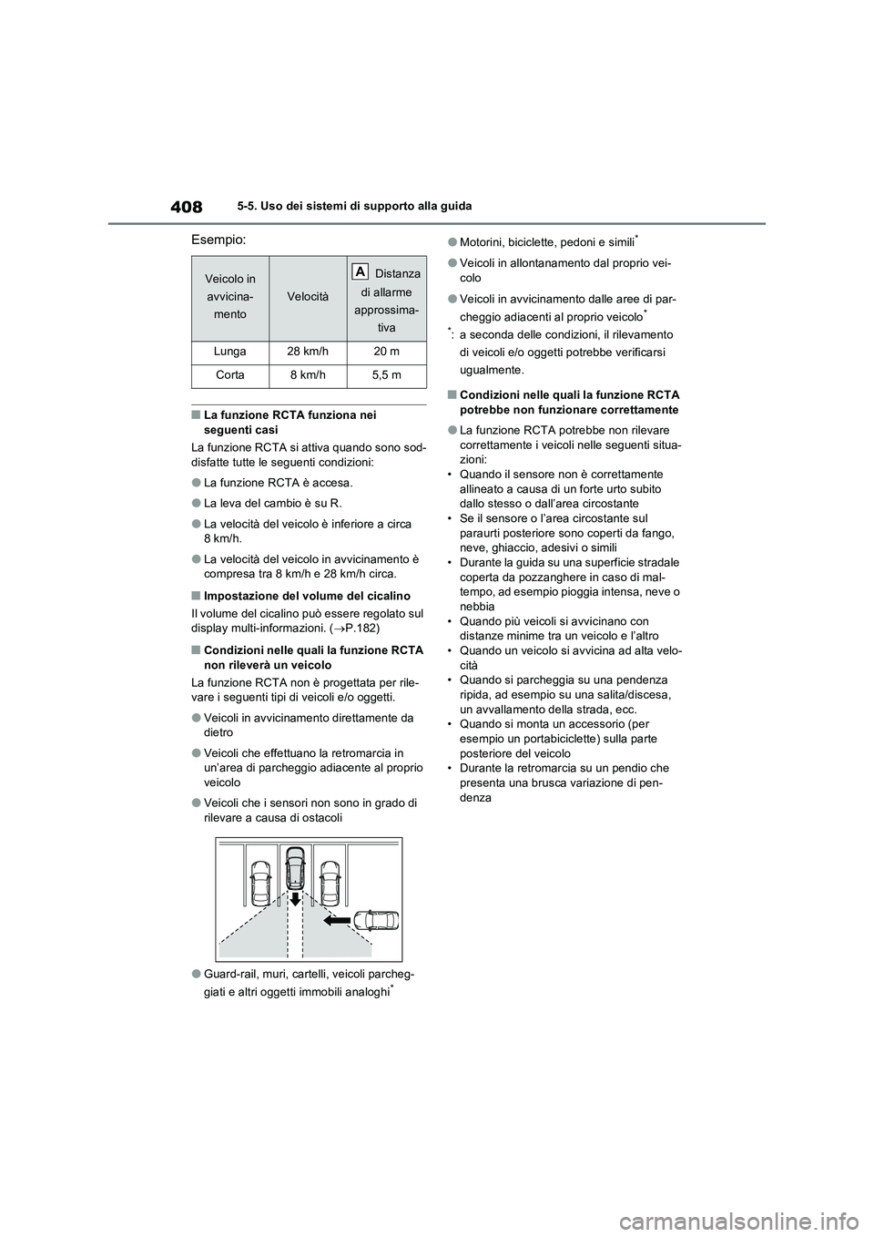 TOYOTA RAV4 PHEV 2021  Manuale duso (in Italian) 4085-5. Uso dei sistemi di supporto alla guida
Esempio:
�QLa funzione RCTA funziona nei 
seguenti casi
La funzione RCTA si attiva quando sono sod-
disfatte tutte le seguenti condizioni:
�OLa funzione 