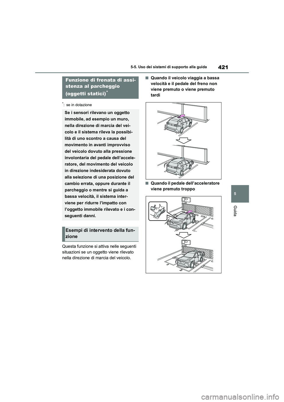TOYOTA RAV4 PHEV 2021  Manuale duso (in Italian) 421
5 5-5. Uso dei sistemi di supporto alla guida
Guida
*: se in dotazione
Questa funzione si attiva nelle seguenti 
situazioni se un oggetto viene rilevato 
nella direzione di marcia del veicolo.
�QQ