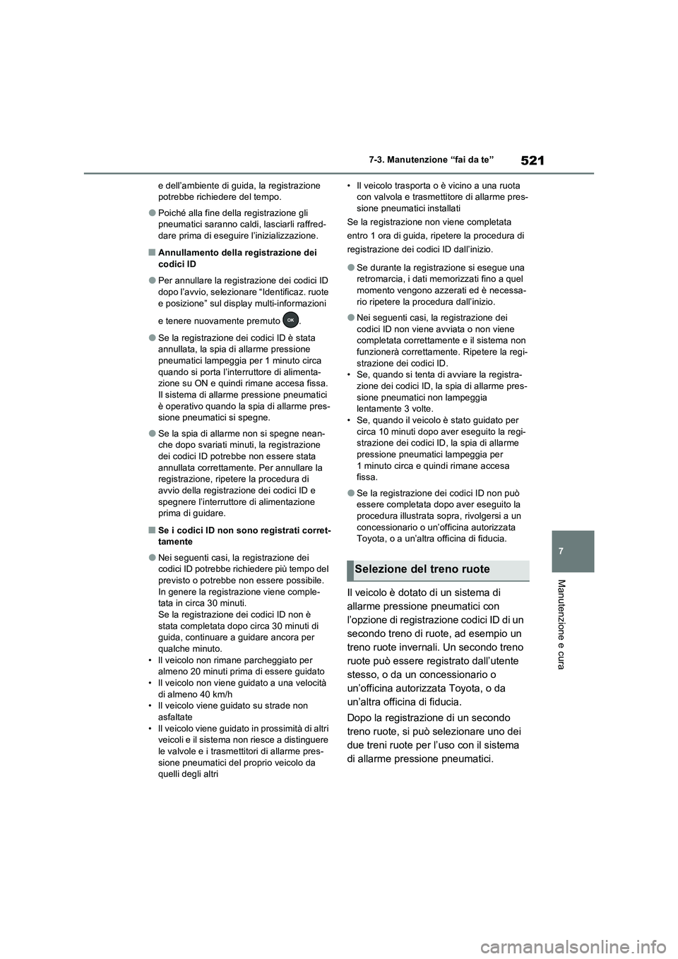 TOYOTA RAV4 PHEV 2021  Manuale duso (in Italian) 521
7 7-3. Manutenzione “fai da te”
Manutenzione e cura
e dell’ambiente di guida, la registrazione 
potrebbe richiedere del tempo.
�OPoiché alla fine della registrazione gli 
pneumatici saranno