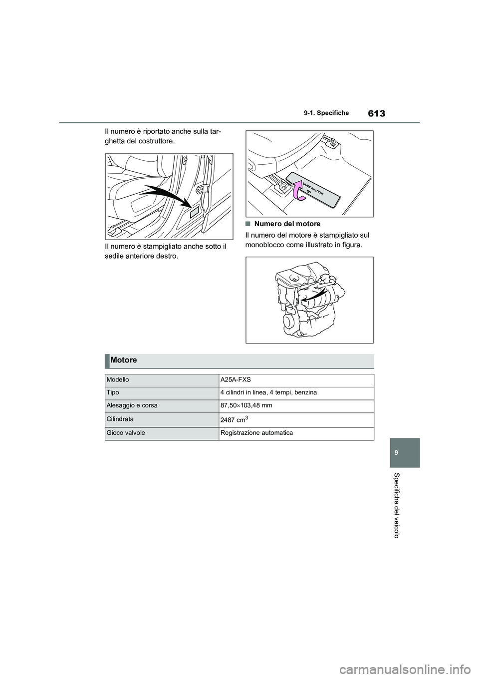 TOYOTA RAV4 PHEV 2021  Manuale duso (in Italian) 613
9 
9-1. Specifiche
Specifiche del veicolo
Il numero è riportato anche sulla tar- 
ghetta del costruttore. 
Il numero è stampigliato anche sotto il  
sedile anteriore destro.
�QNumero del motore 