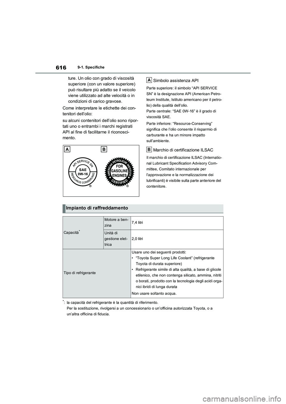 TOYOTA RAV4 PHEV 2021  Manuale duso (in Italian) 6169-1. Specifiche
ture. Un olio con grado di viscosità 
superiore (con un valore superiore) 
può risultare più adatto se il veicolo 
viene utilizzato ad alte velocità o in 
condizioni di carico g
