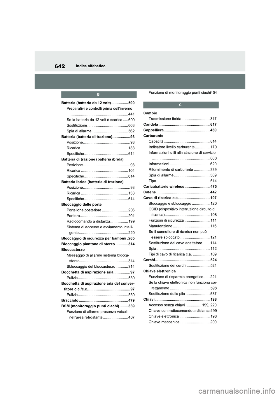 TOYOTA RAV4 PHEV 2021  Manuale duso (in Italian) 642Indice alfabetico
B
Batteria (batteria da 12 volt) ................ 500
Preparativi e controlli prima dell’inverno
........................................................ 441
Se la batteria da 1