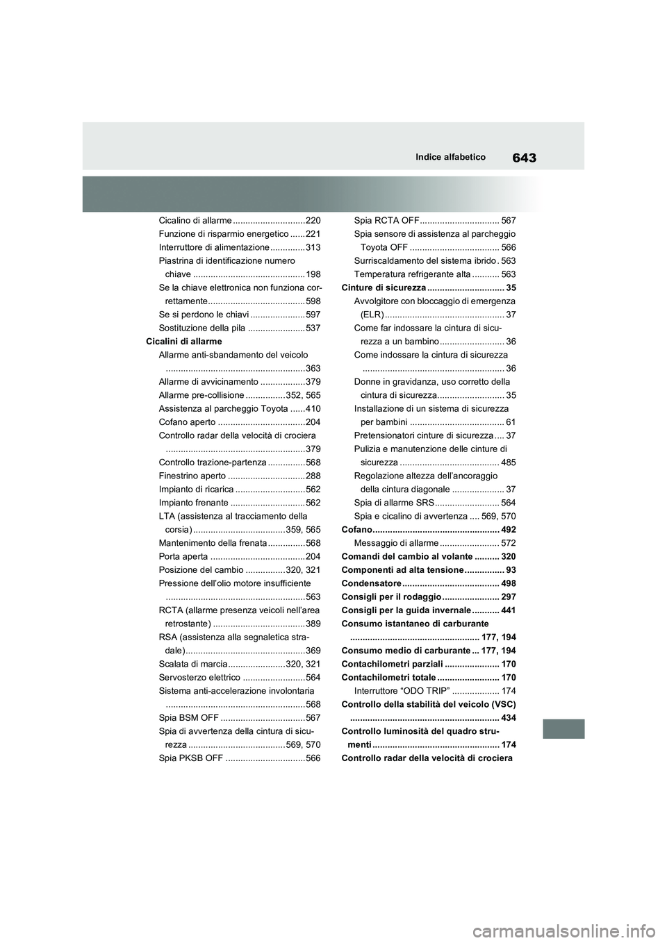 TOYOTA RAV4 PHEV 2021  Manuale duso (in Italian) 643Indice alfabetico
Cicalino di allarme ............................. 220
Funzione di risparmio energetico ...... 221
Interruttore di alimentazione .............. 313
Piastrina di identificazione num