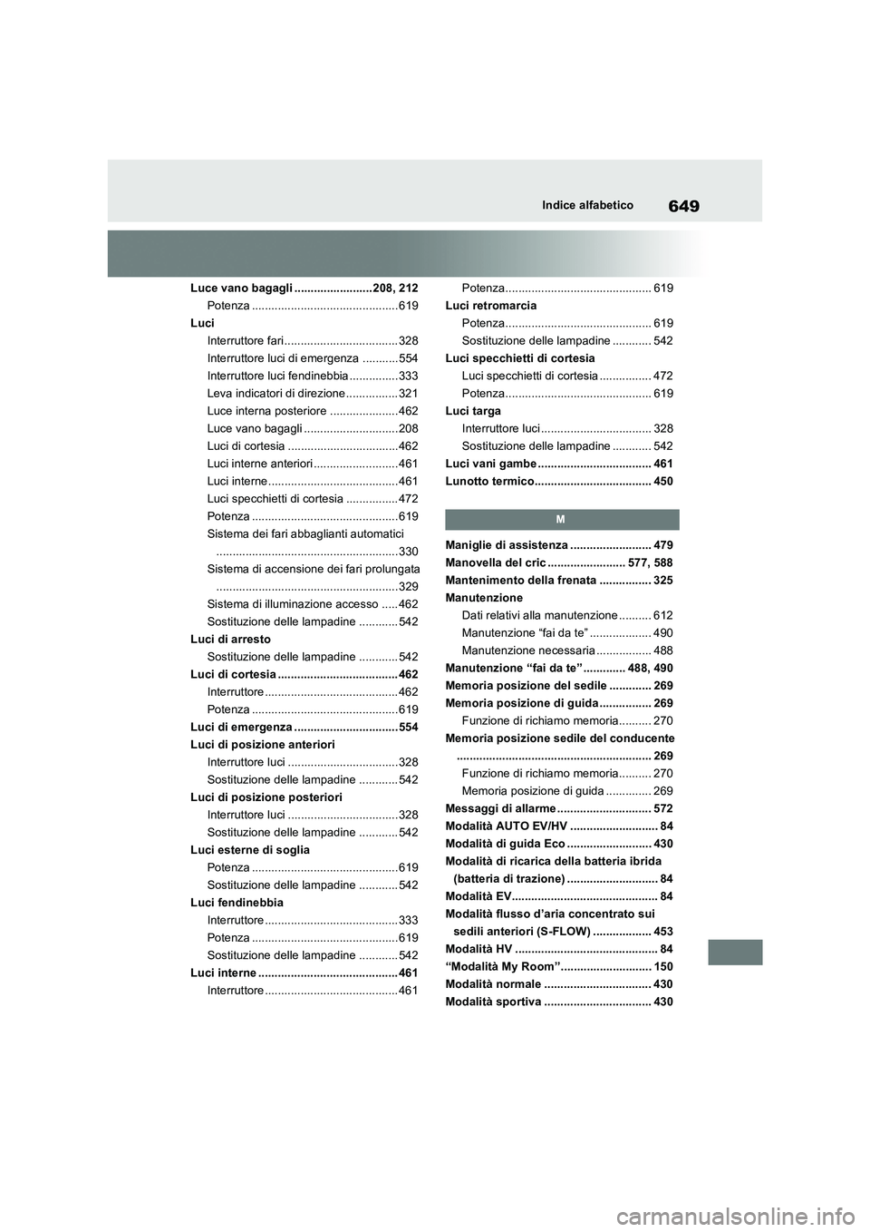 TOYOTA RAV4 PHEV 2021  Manuale duso (in Italian) 649Indice alfabetico
Luce vano bagagli ........................ 208, 212
Potenza ............................................. 619
Luci
Interruttore fari................................... 328
Interru