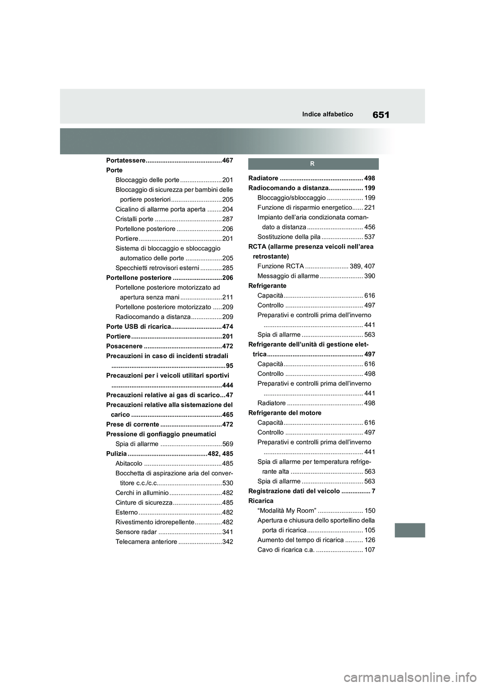 TOYOTA RAV4 PHEV 2021  Manuale duso (in Italian) 651Indice alfabetico
Portatessere.......................................... 467
Porte
Bloccaggio delle porte ....................... 201
Bloccaggio di sicurezza per bambini delle 
portiere posteriori 