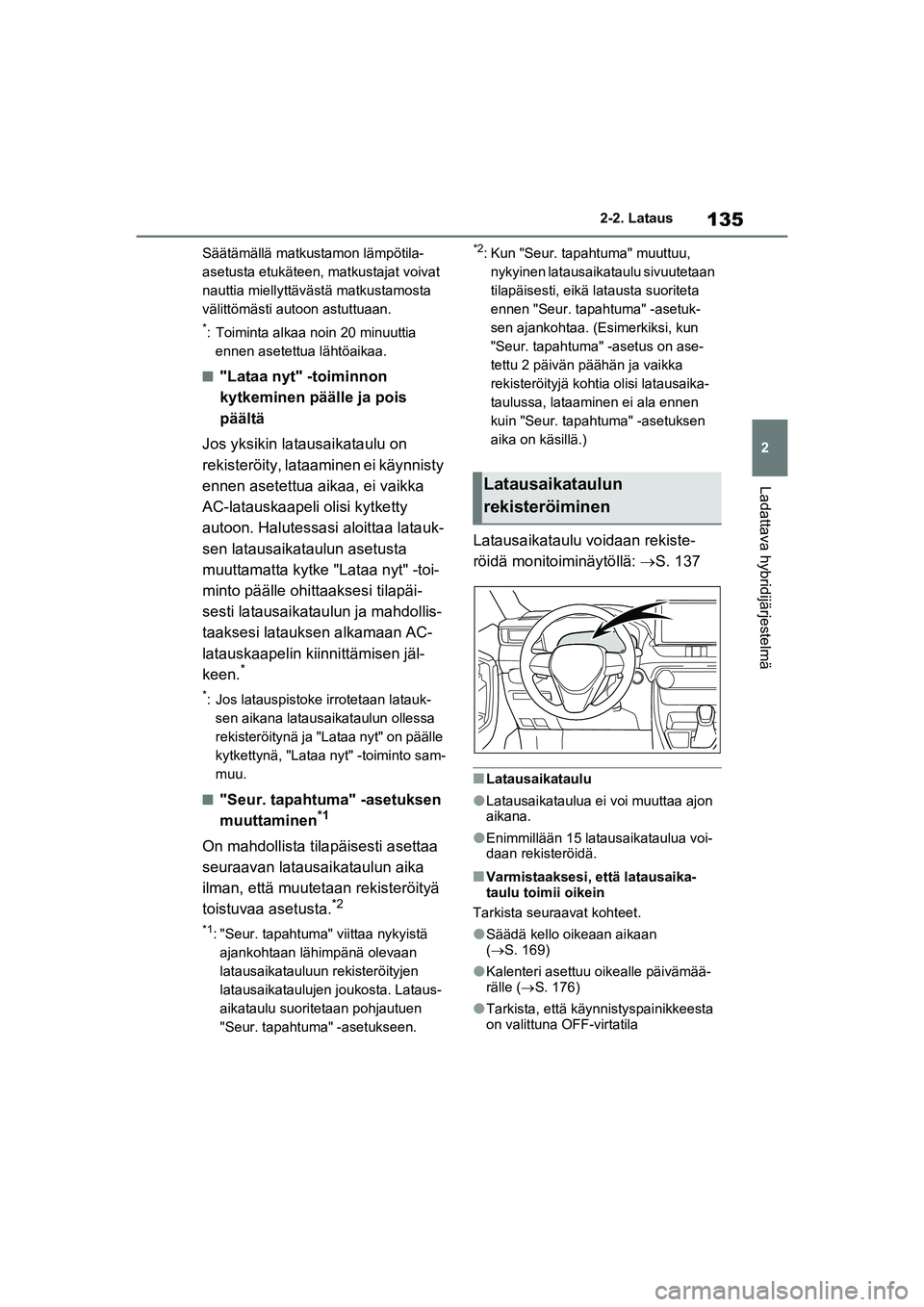 TOYOTA RAV4 PHEV 2021 Omistajan Käsikirja (in Finnish) 135
2
2-2. Lataus
Ladattava hybridijärjestelmä
Säätämällä matkustamon lämpötila-
asetusta etukäteen, matkustajat voivat
nauttia miellyttävästä matkustamosta
välittömästi autoon astut TOYOTA RAV4 PHEV 2021 Omistajan Käsikirja (in Finnish) 135
2
2-2. Lataus
Ladattava hybridijärjestelmä
Säätämällä matkustamon lämpötila-
asetusta etukäteen, matkustajat voivat
nauttia miellyttävästä matkustamosta
välittömästi autoon astut