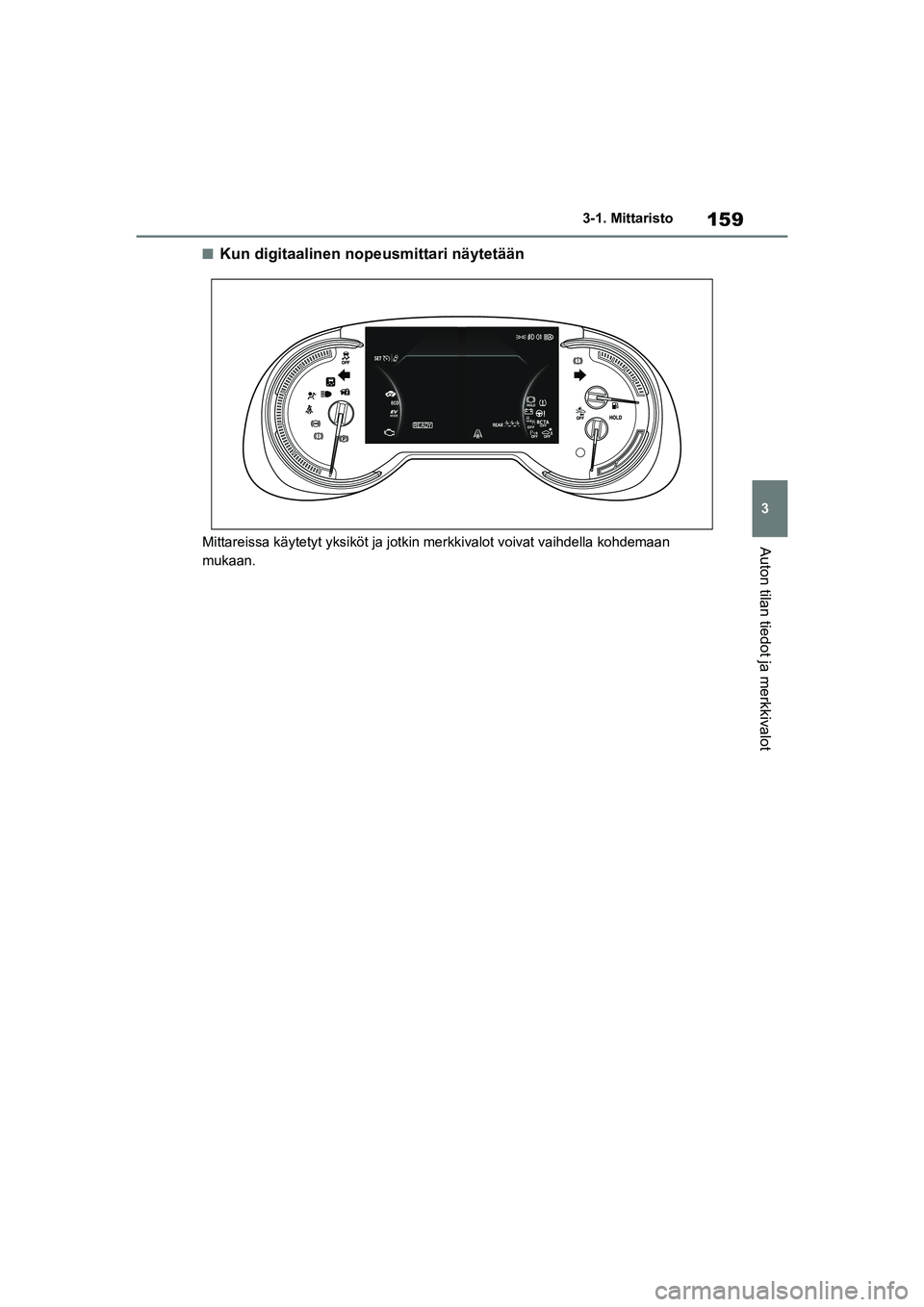 TOYOTA RAV4 PHEV 2021 Omistajan Käsikirja (in Finnish) 159
3
3-1. Mittaristo
Auton tilan tiedot ja merkkivalot
nKun digitaalinen nopeusmittari näytetään
Mittareissa käytetyt yksikö
t ja jotkin merkkivalot voivat vaihdella kohdemaan
mukaan.
OM42E06FI TOYOTA RAV4 PHEV 2021 Omistajan Käsikirja (in Finnish) 159
3
3-1. Mittaristo
Auton tilan tiedot ja merkkivalot
nKun digitaalinen nopeusmittari näytetään
Mittareissa käytetyt yksikö
t ja jotkin merkkivalot voivat vaihdella kohdemaan
mukaan.
OM42E06FI