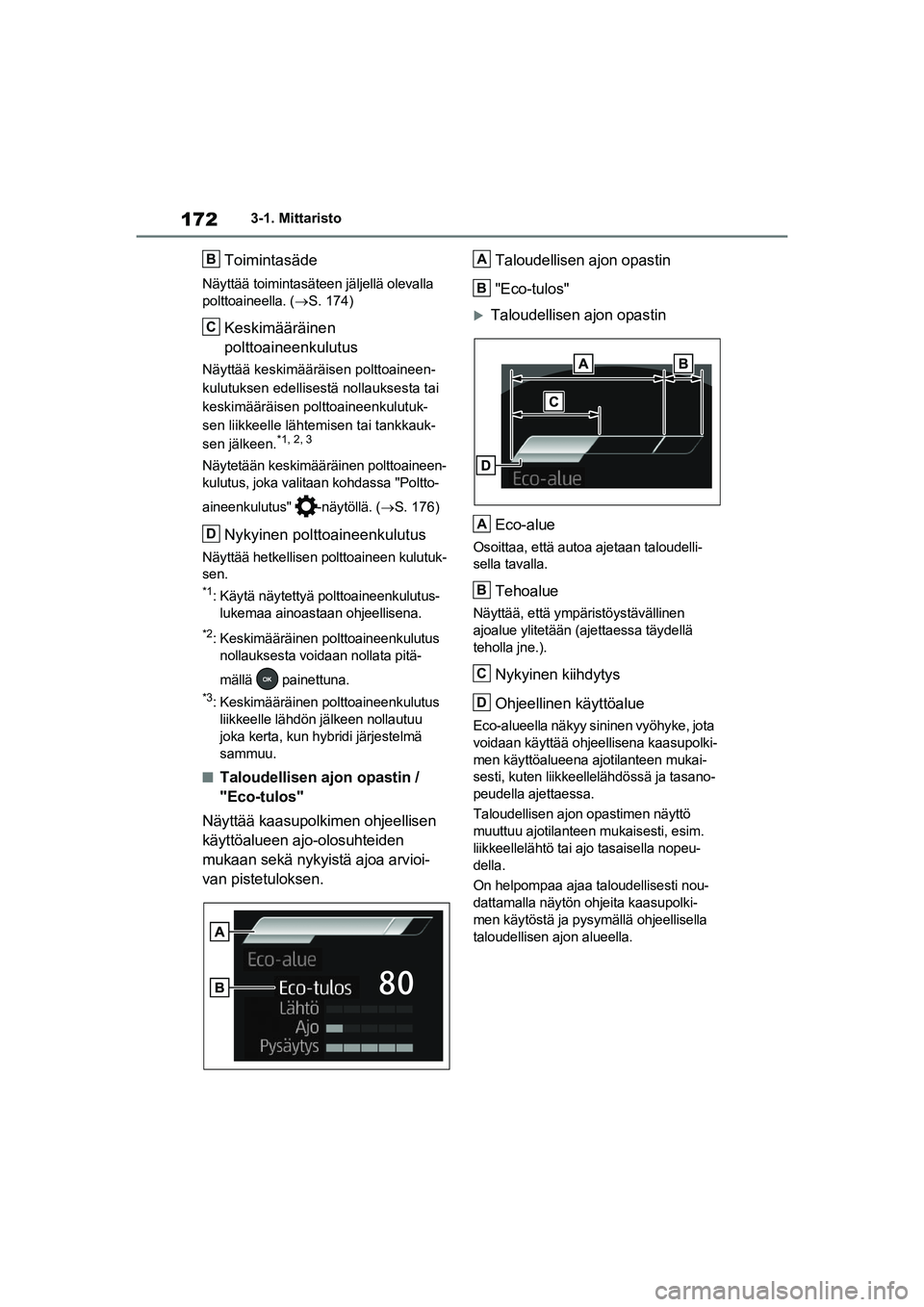 TOYOTA RAV4 PHEV 2021 Omistajan Käsikirja (in Finnish) 1723-1. Mittaristo
Toimintasäde
Näyttää toimintasäteen jäljellä olevalla
polttoaineella. (S. 174)
Keskimääräinen
polttoaineenkulutus
Näyttää keskimääräisen polttoaineen-
kulutukse TOYOTA RAV4 PHEV 2021 Omistajan Käsikirja (in Finnish) 1723-1. Mittaristo
Toimintasäde
Näyttää toimintasäteen jäljellä olevalla
polttoaineella. (S. 174)
Keskimääräinen
polttoaineenkulutus
Näyttää keskimääräisen polttoaineen-
kulutukse