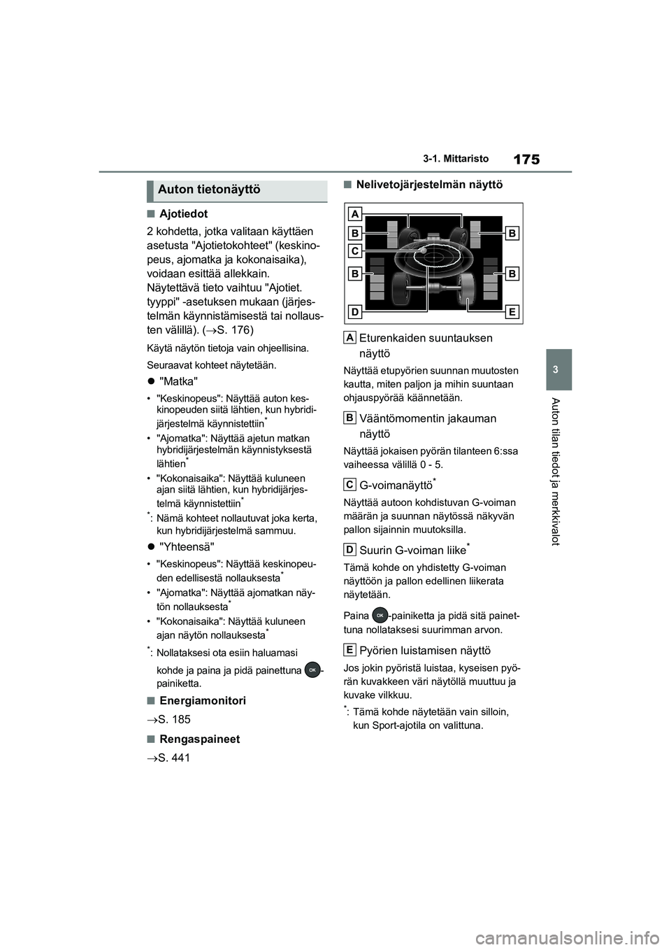 TOYOTA RAV4 PHEV 2021 Omistajan Käsikirja (in Finnish) 175
3
3-1. Mittaristo
Auton tilan tiedot ja merkkivalot
nAjotiedot
2 kohdetta, jotka valitaan käyttäen
asetusta "Ajotietokohteet" (keskino-
peus, ajomatka ja kokonaisaika),
voidaan esittää allek TOYOTA RAV4 PHEV 2021 Omistajan Käsikirja (in Finnish) 175
3
3-1. Mittaristo
Auton tilan tiedot ja merkkivalot
nAjotiedot
2 kohdetta, jotka valitaan käyttäen
asetusta "Ajotietokohteet" (keskino-
peus, ajomatka ja kokonaisaika),
voidaan esittää allek