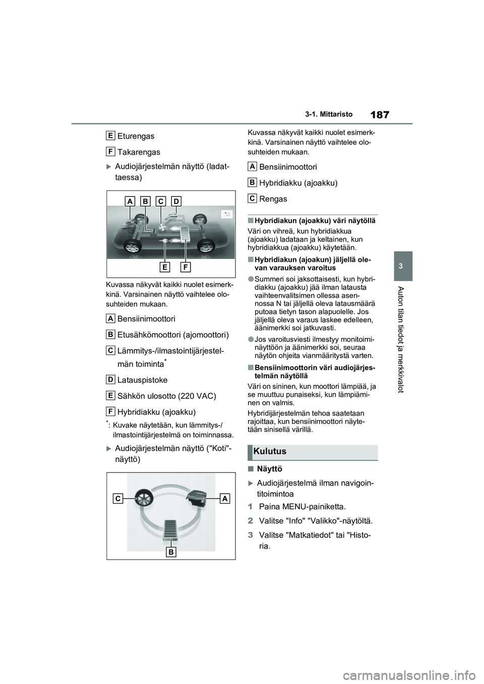 TOYOTA RAV4 PHEV 2021 Omistajan Käsikirja (in Finnish) 187
3
3-1. Mittaristo
Auton tilan tiedot ja merkkivalot
Eturengas
Takarengas
Audiojärjestelmän näyttö (ladat-
taessa)
Kuvassa näkyvät kaikki nuolet esimerk-
kinä. Varsinainen näyttö vaihte TOYOTA RAV4 PHEV 2021 Omistajan Käsikirja (in Finnish) 187
3
3-1. Mittaristo
Auton tilan tiedot ja merkkivalot
Eturengas
Takarengas
Audiojärjestelmän näyttö (ladat-
taessa)
Kuvassa näkyvät kaikki nuolet esimerk-
kinä. Varsinainen näyttö vaihte