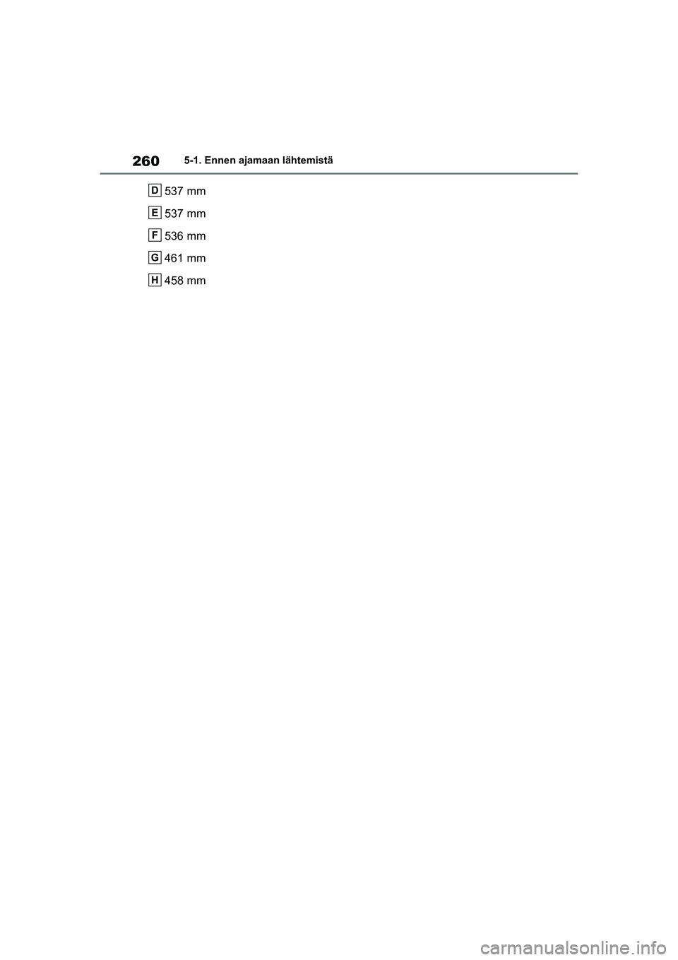 TOYOTA RAV4 PHEV 2021 Omistajan Käsikirja (in Finnish) 2605-1. Ennen ajamaan lähtemistä
537 mm
537 mm
536 mm
461 mm
458 mmD
E
F
G
H
OM42E06FI.book Page 260 Wednesday, February 10, 2021 3:22 PM TOYOTA RAV4 PHEV 2021 Omistajan Käsikirja (in Finnish) 2605-1. Ennen ajamaan lähtemistä
537 mm
537 mm
536 mm
461 mm
458 mmD
E
F
G
H
OM42E06FI.book Page 260 Wednesday, February 10, 2021 3:22 PM