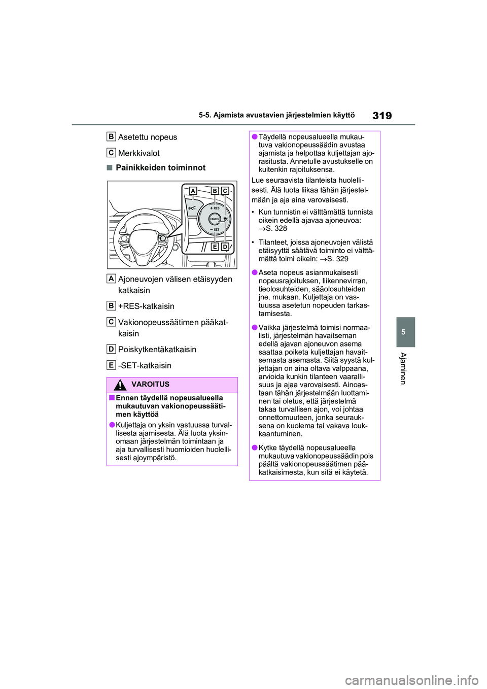 TOYOTA RAV4 PHEV 2021 Omistajan Käsikirja (in Finnish) 319
5
5-5. Ajamista avustavien järjestelmien käyttö
Ajaminen
Asetettu nopeus
Merkkivalot
nPainikkeiden toiminnot
Ajoneuvojen välisen etäisyyden
katkaisin
+RES-katkaisin
Vakionopeussäätimen pä TOYOTA RAV4 PHEV 2021 Omistajan Käsikirja (in Finnish) 319
5
5-5. Ajamista avustavien järjestelmien käyttö
Ajaminen
Asetettu nopeus
Merkkivalot
nPainikkeiden toiminnot
Ajoneuvojen välisen etäisyyden
katkaisin
+RES-katkaisin
Vakionopeussäätimen pä