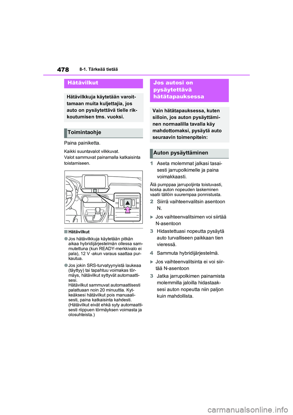 TOYOTA RAV4 PHEV 2021 Omistajan Käsikirja (in Finnish) 4788-1. Tärkeää tietää
8-1.Tärkeää tietää
Paina painiketta.
Kaikki suuntavalot vilkkuvat.
Valot sammuvat painamalla katkaisinta
toistamiseen.
nHätävilkut
lJos hätävilkkuja käytetään TOYOTA RAV4 PHEV 2021 Omistajan Käsikirja (in Finnish) 4788-1. Tärkeää tietää
8-1.Tärkeää tietää
Paina painiketta.
Kaikki suuntavalot vilkkuvat.
Valot sammuvat painamalla katkaisinta
toistamiseen.
nHätävilkut
lJos hätävilkkuja käytetään