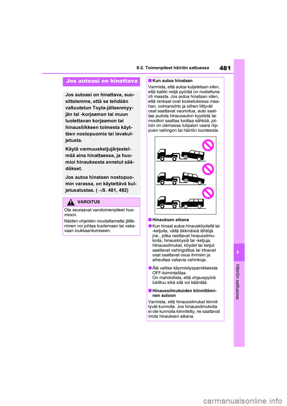 TOYOTA RAV4 PHEV 2021 Omistajan Käsikirja (in Finnish) 481
8
8-2. Toimenpiteet häiriön sattuessa
Häiriön sattuessa
8-2.Toimenpiteet häiriön sattuessa
Jos autoasi on hinattava
Jos autoasi on hinattava, suo-
sittelemme, että se tehdään
valtuutetun TOYOTA RAV4 PHEV 2021 Omistajan Käsikirja (in Finnish) 481
8
8-2. Toimenpiteet häiriön sattuessa
Häiriön sattuessa
8-2.Toimenpiteet häiriön sattuessa
Jos autoasi on hinattava
Jos autoasi on hinattava, suo-
sittelemme, että se tehdään
valtuutetun
