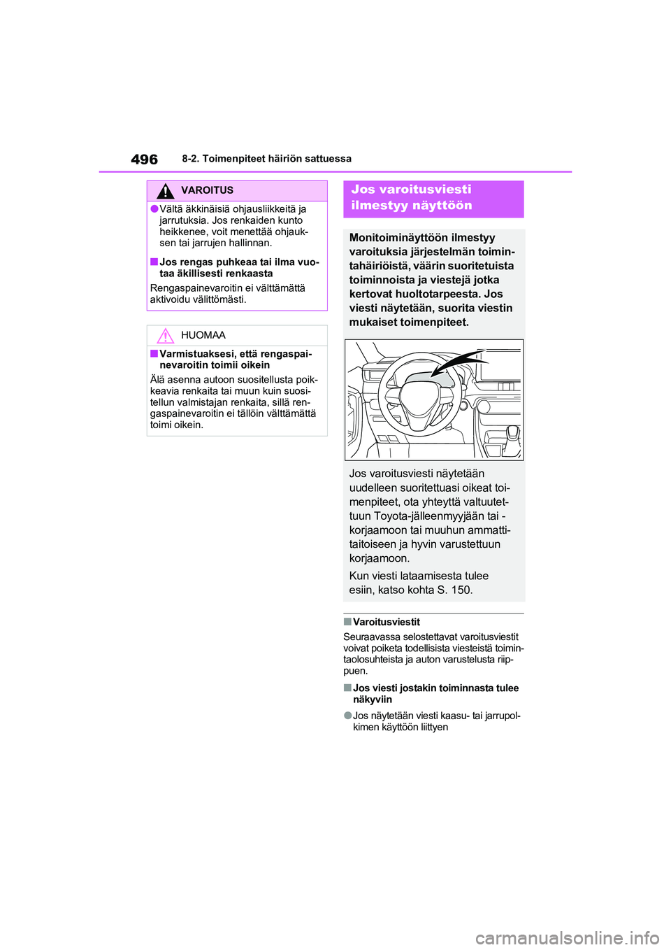 TOYOTA RAV4 PHEV 2021 Omistajan Käsikirja (in Finnish) 4968-2. Toimenpiteet häiriön sattuessa
nVaroitusviestit
Seuraavassa selostettavat varoitusviestit
voivat poiketa todellisista viesteistä toimin-
taolosuhteista ja auto n varustelusta riip-
puen.
n TOYOTA RAV4 PHEV 2021 Omistajan Käsikirja (in Finnish) 4968-2. Toimenpiteet häiriön sattuessa
nVaroitusviestit
Seuraavassa selostettavat varoitusviestit
voivat poiketa todellisista viesteistä toimin-
taolosuhteista ja auto n varustelusta riip-
puen.
n
