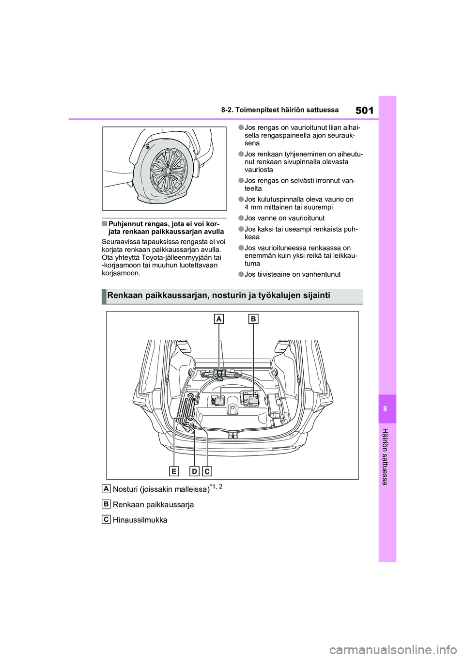 TOYOTA RAV4 PHEV 2021 Omistajan Käsikirja (in Finnish) 501
8
8-2. Toimenpiteet häiriön sattuessa
Häiriön sattuessa
nPuhjennut rengas, jota ei voi kor-
jata renkaan paikkaussarjan avulla
Seuraavissa tapauksissa rengasta ei voi
korjata renkaan paikkaus TOYOTA RAV4 PHEV 2021 Omistajan Käsikirja (in Finnish) 501
8
8-2. Toimenpiteet häiriön sattuessa
Häiriön sattuessa
nPuhjennut rengas, jota ei voi kor-
jata renkaan paikkaussarjan avulla
Seuraavissa tapauksissa rengasta ei voi
korjata renkaan paikkaus
